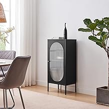 Furniturebox UK Black Metal Storage Cabinet - Urbi - Sideboard Cupboard With Door For Bedroom, Bathroom Living Room Office - Glass Panel - Internal Shelf for 2 Tiers Of Storage - Industrial Design