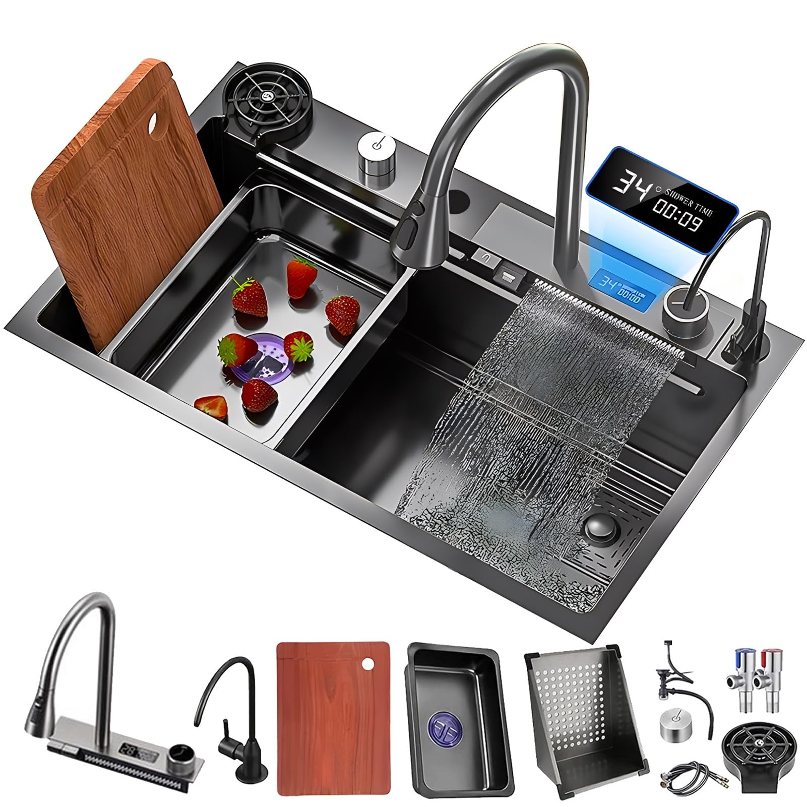 Lavello A Cascata, Lavello Da Cucina In Acciaio Inox Nero, Postazione Di Lavoro A Una Vasca Con Lavabicchieri, Cestello Di Scarico E Rubinetto Estraibile, Lavello Da Montare In Alto, Con Rivestimento