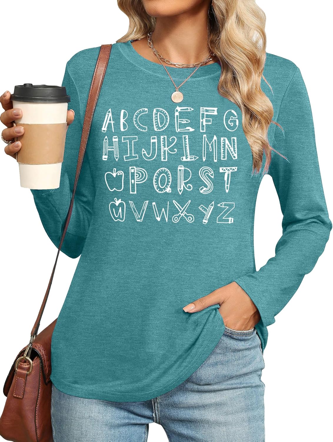 Teacher Shirts for Women: ABCD Teacher T-Shirt Alphabet Graphic Tshirt Casual Long Sleeve Fall Tops - Image 5