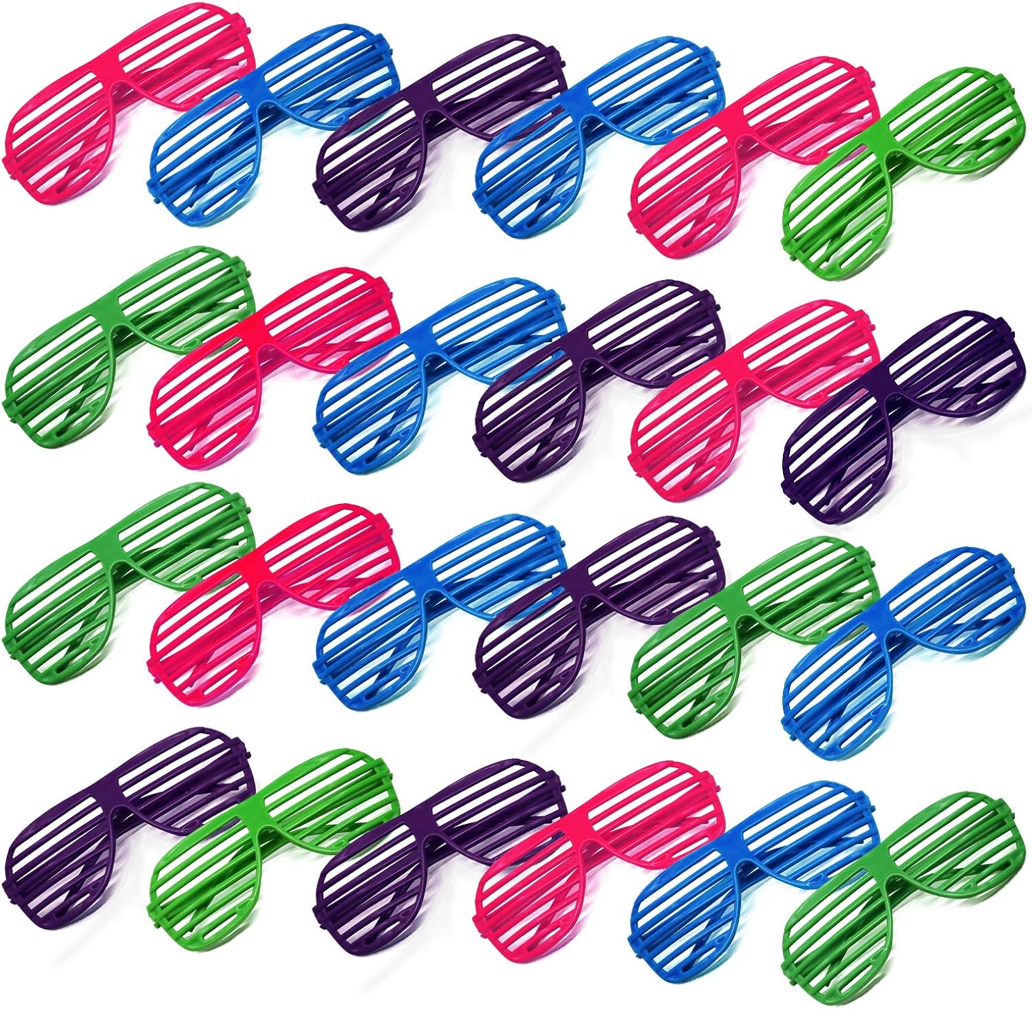 Novelty Place 24 Pairs Shutter Glasses Shades Eyeglasses, Neon Color Slotted Sunglasses for Kids & Adults 80's Party Props - (4 Colors)