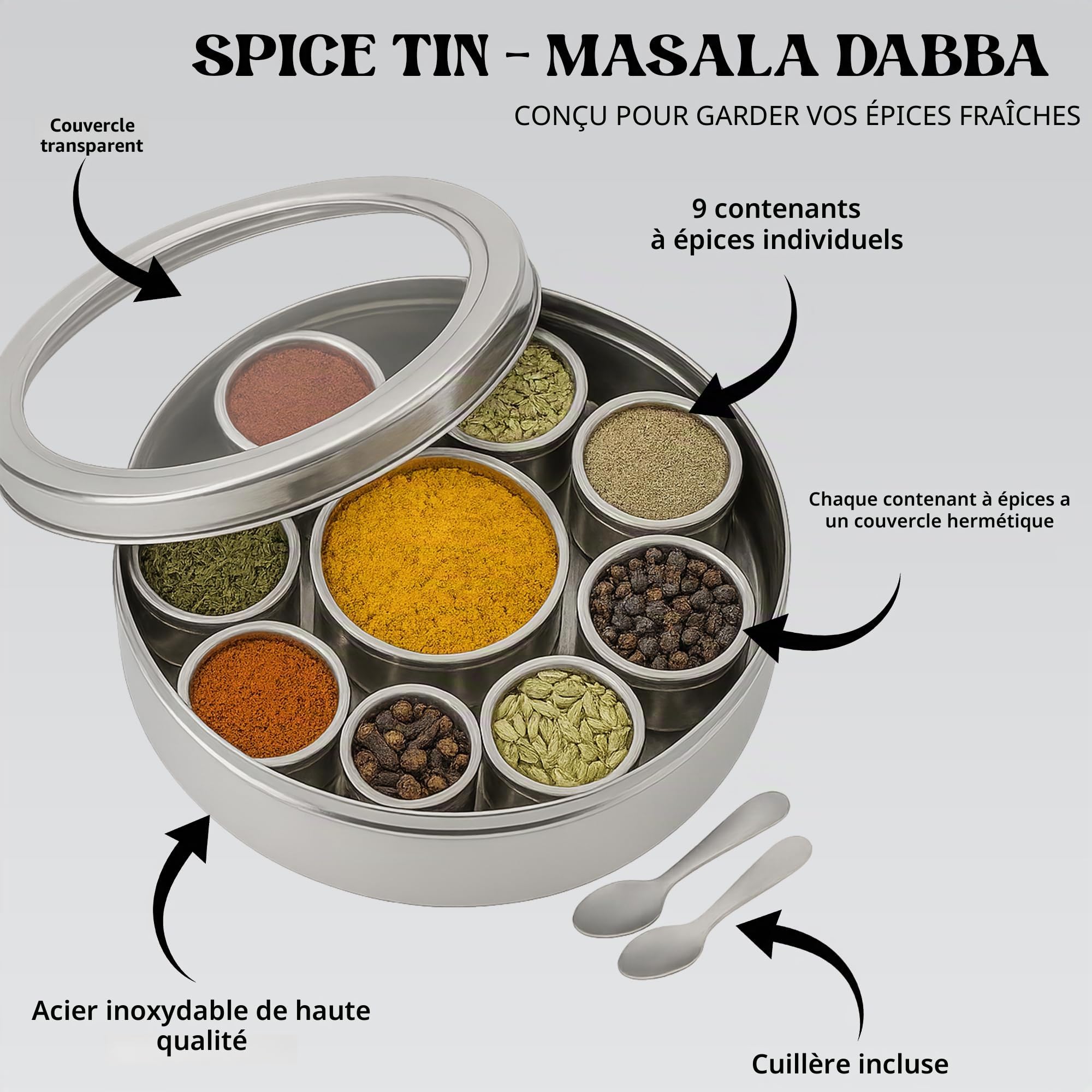 Masala Dabba Boîte à épices indienne Couvercle transpertant 9 compartiments avec couvercles individuels en acier inoxydable de qualité alimentaire avec 2 cuillères de service (22 cm, couvercle