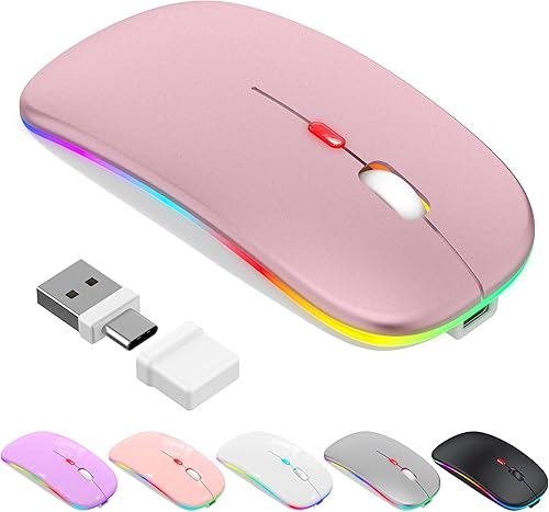 Mouse inalámbrico LED Bluetooth para MacBook Air Mac Pro Laptop iPad Ratón óptico recargable con luz silenciosa con Jiggler Dual Mode BT5.2 y
