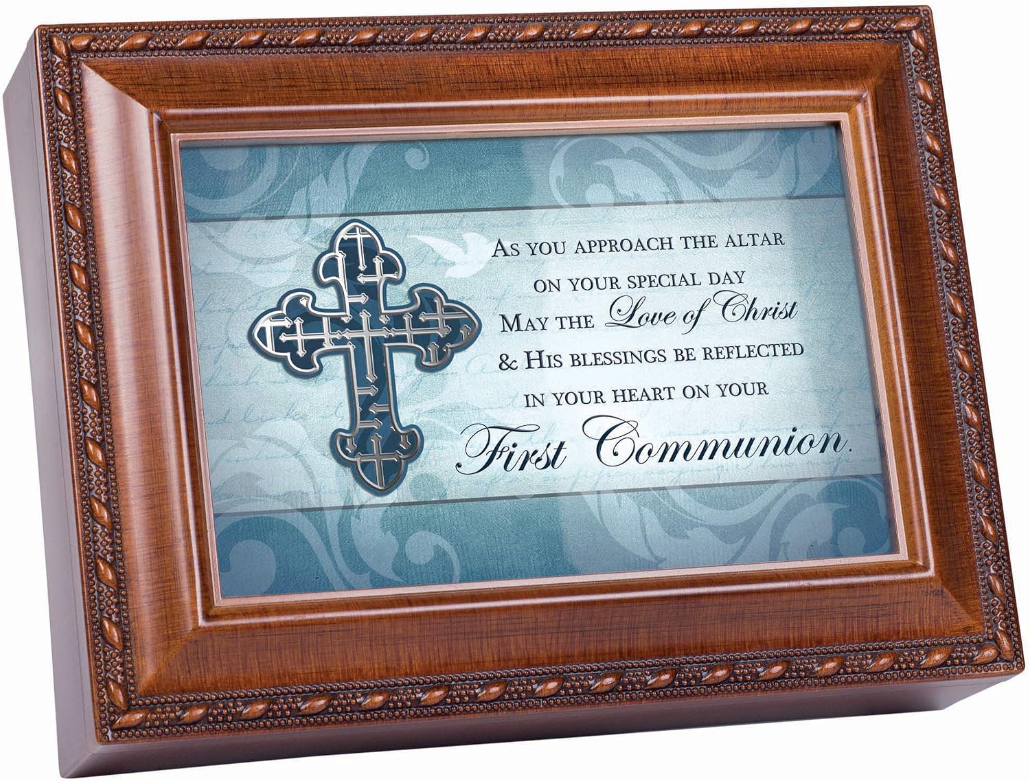 Cottage Garden Love of Christ Blessing Your First Communion Woodgrain Jewelry Music Box Plays Ave Maria