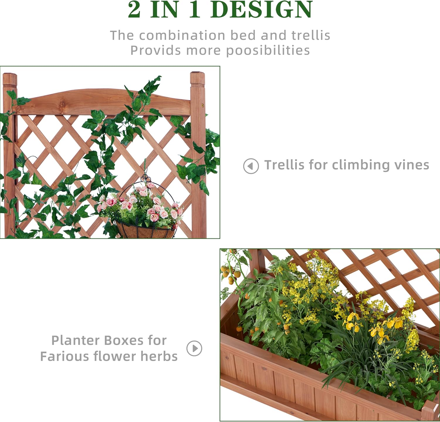 Raised Garden Bed with Trellis Set of 2, Outdoor Wood Planter Box & Plant Stand with Climbing Racks
