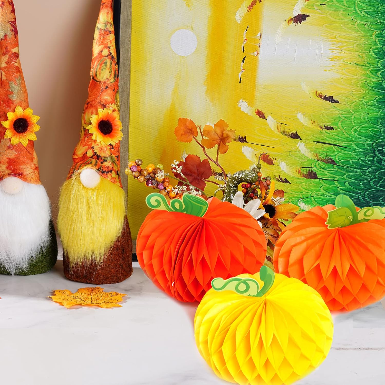 Sucrain 12 Pieces Tissue Paper Pumpkin 3D Honeycomb Pumpkins for Halloween Thanksgiving Party Favor Fall Festival Supplies （Orange, Red, Yellow）
