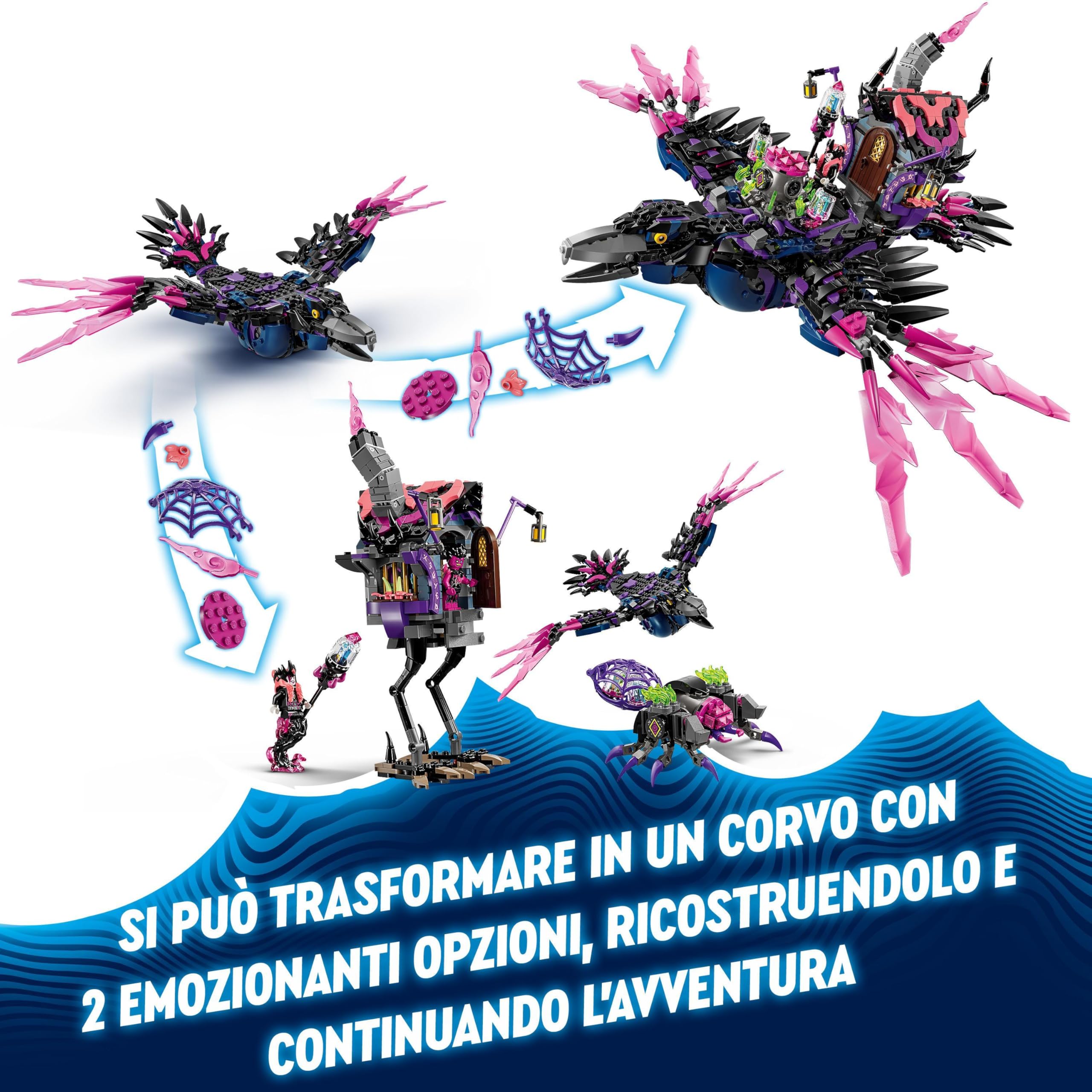 LEGO DREAMZzz 2 in 1 Corvo di Mezzanotte della Mai-Strega, Giocattolo d'Avventura Trasformabile in Casa o Ragno, Giochi Creativi per Bambini e Bambine da 9 Anni con 6 Personaggi, Idea Regalo 71478