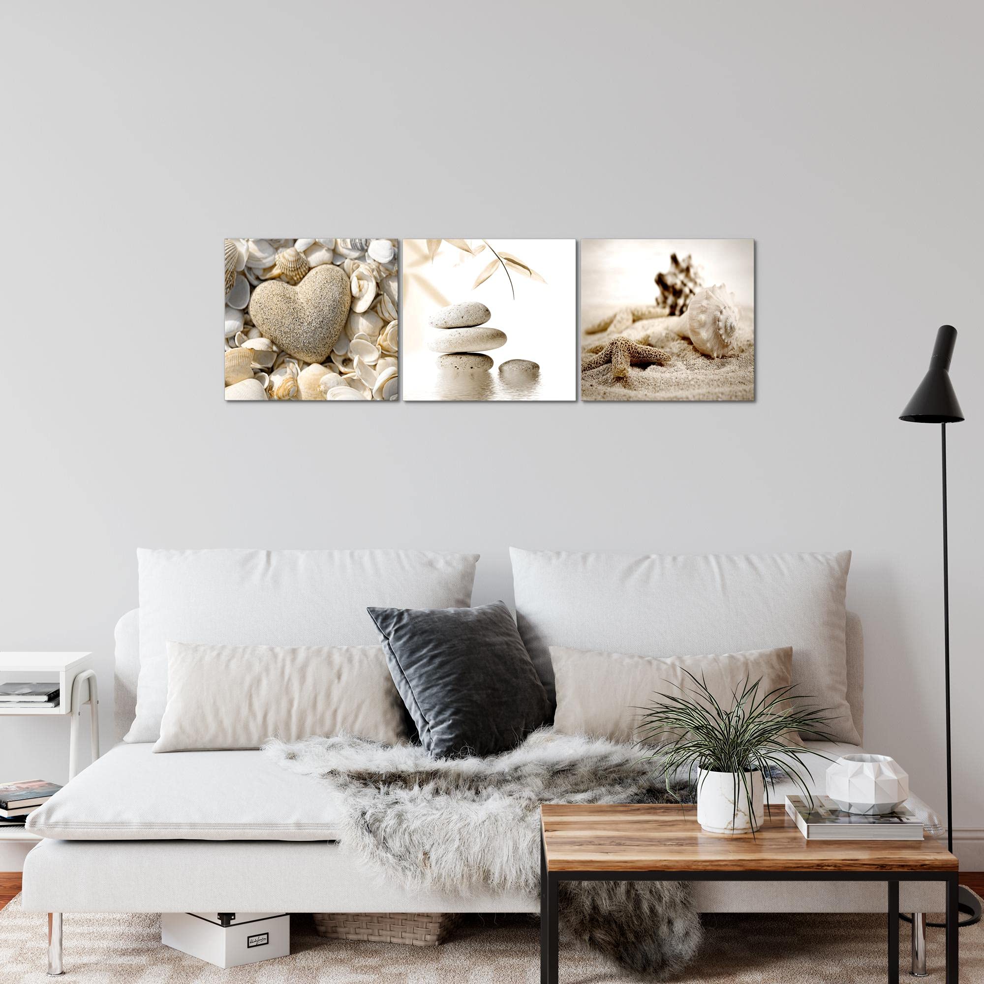 Runa Art Quadri Spiaggia Pietre 120 x 40 cm Murale Tela Non Tessuta Beige Multipanello Moderni Decorazione 501633a