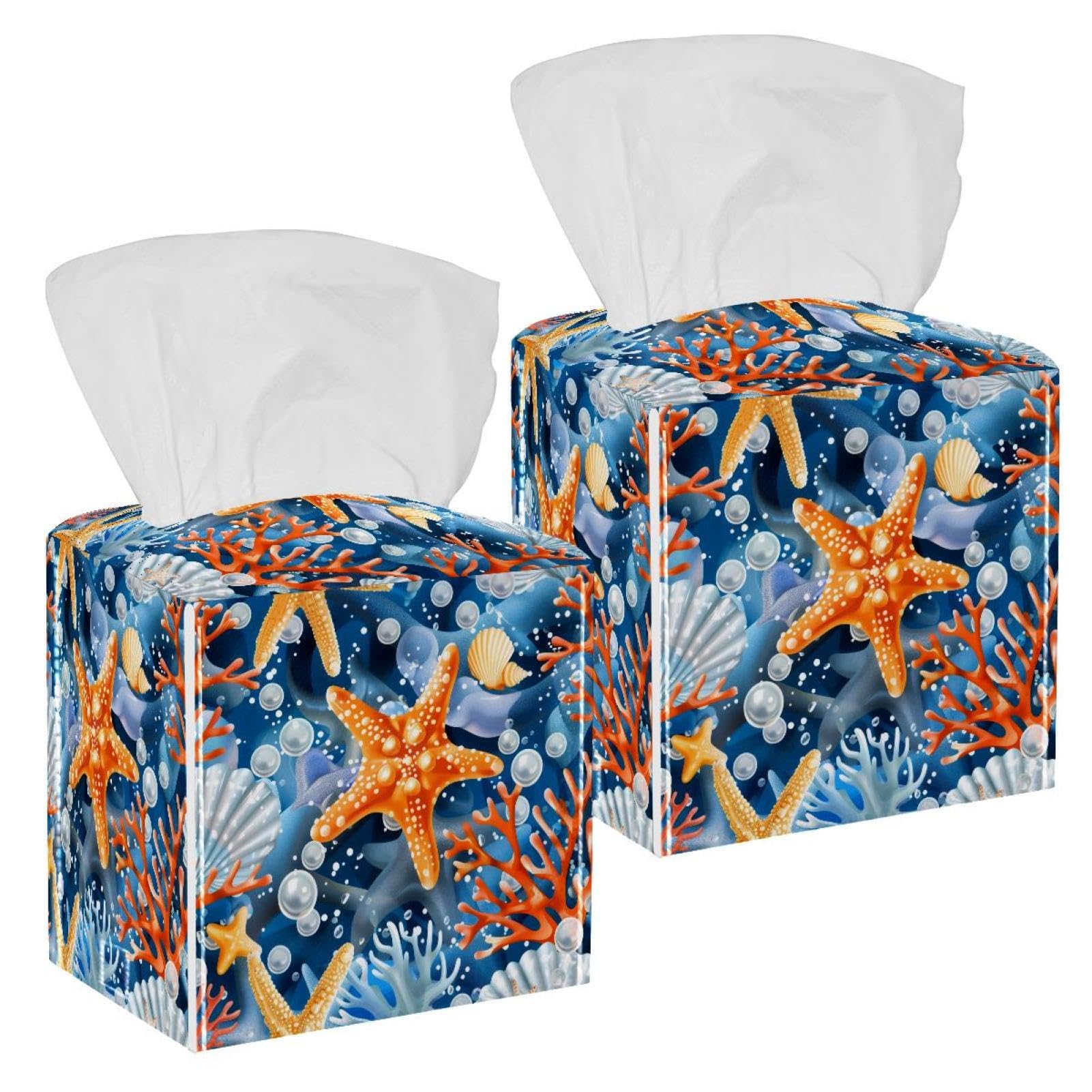 Shell Corals Starfish Tissue Box Cover, 2 Pack PU Leather Square Facial Tissue Dispenser Box holder for Home Office Car