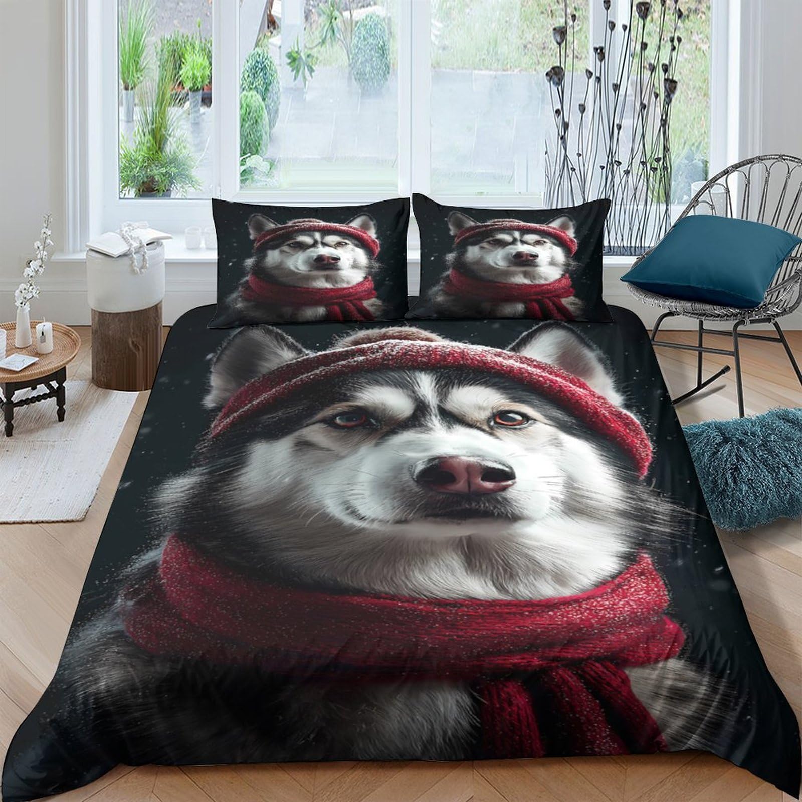 Ctjqhvkz Style-9 3D Printed Husky Dog Fitted Sheet Microfiber Soft Black Red Scarf Wolf Bed Cover For Bedroom Guestroom Dorm Decor Single（135X200cm）