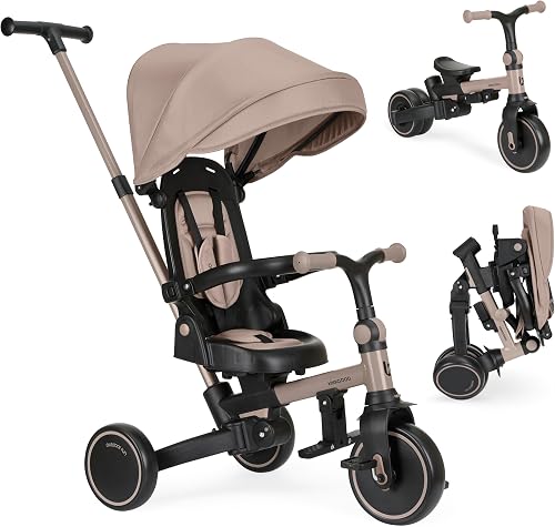 KikkaBoo Triciclo Evolutivo 8 en 1 ALUMA, Triciclo Bebé Desde 1 Año Plegable con Manillar Padres, Asiento Reversible, Capota Ajustable, Arnés 5 Puntos, Marco Aluminio, Beige