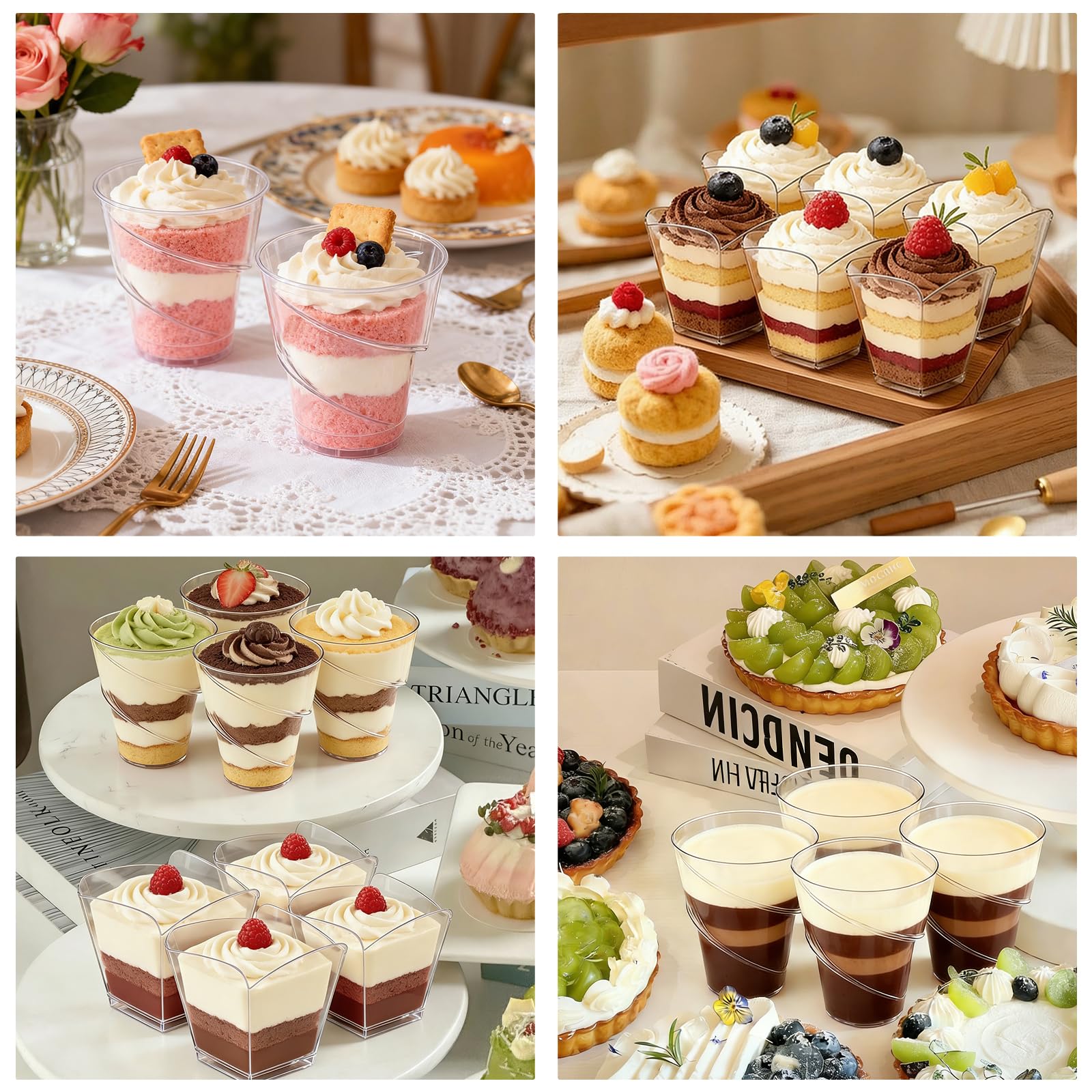 100 bicchieri da dessert in plastica, 160 ml, con cucchiaio, 2 diversi disegni, riutilizzabili, per gelati, mousse, budini, feste, compleanni, matrimoni