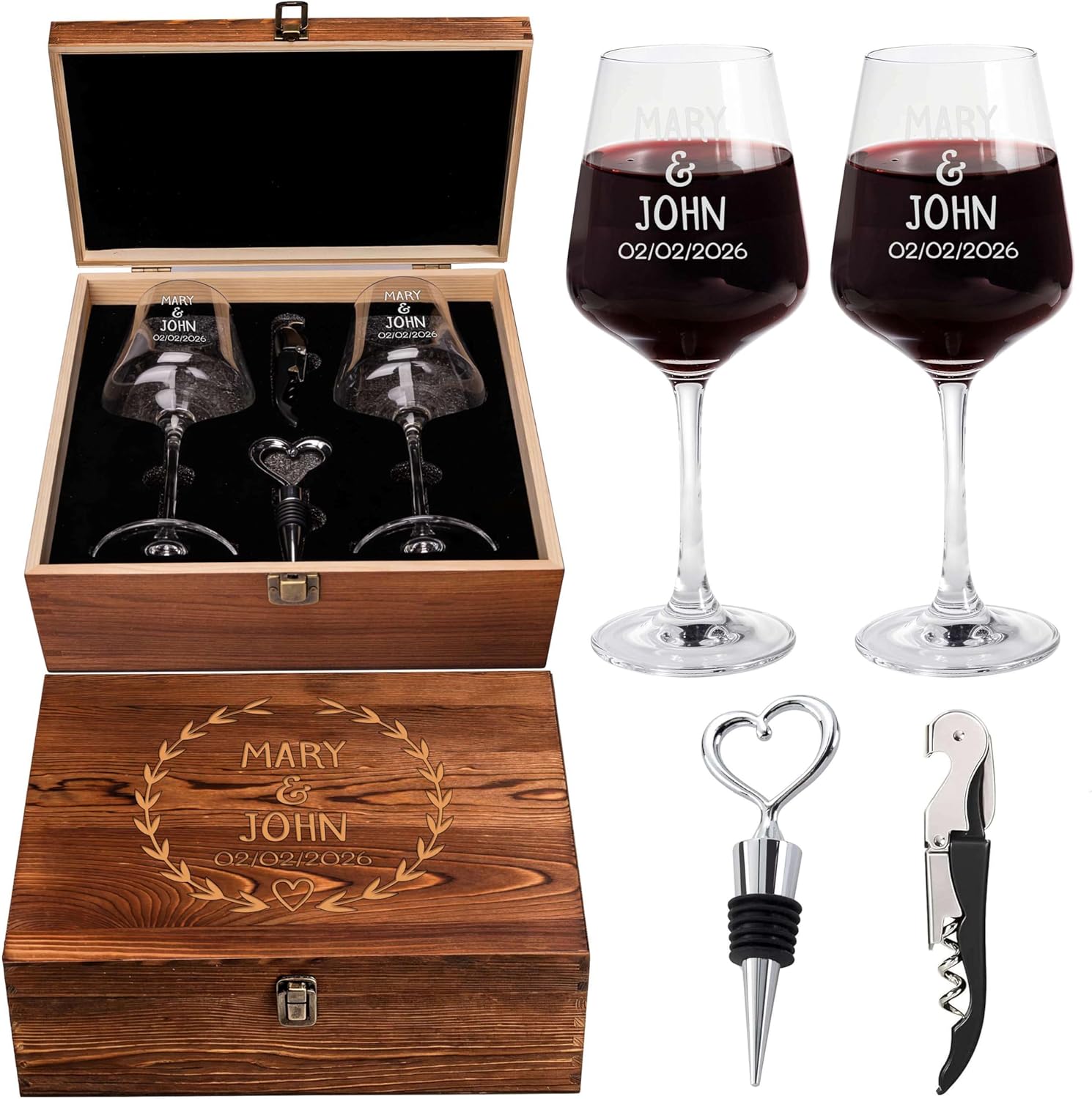 Set of 2 Custom Couples Wedding Wine Glasses – Engraved Name, Date, 4 Design Options, Bride & Groom, Anniversary, Engagement, Gift Set with Wooden Keepsake Box, Bottle Stopper & Corkscrew Opener