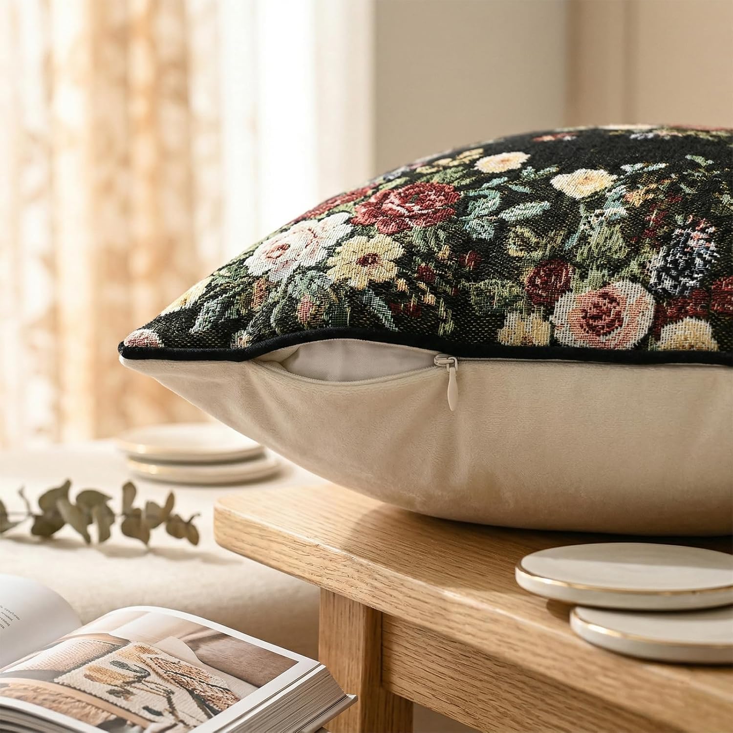 Vintage Rose Throw Pillow Covers 18x18 Inch Set of 2, Floral Woven Couch Pillow Covers with Velvet Backing & Corded Piping, Farmhouse Decorative Cushion Cases for Sofa Living Room, Black-Green