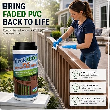 DeckMAX PVC Wipe Bundle-Clean & Revitalize PVC Railings & Trim with Our PVC Wipe Bundle. Contains Complete kit to Clean and revitalize Your PVC railings, Posts & Trim Boards! Easy to use Wipes