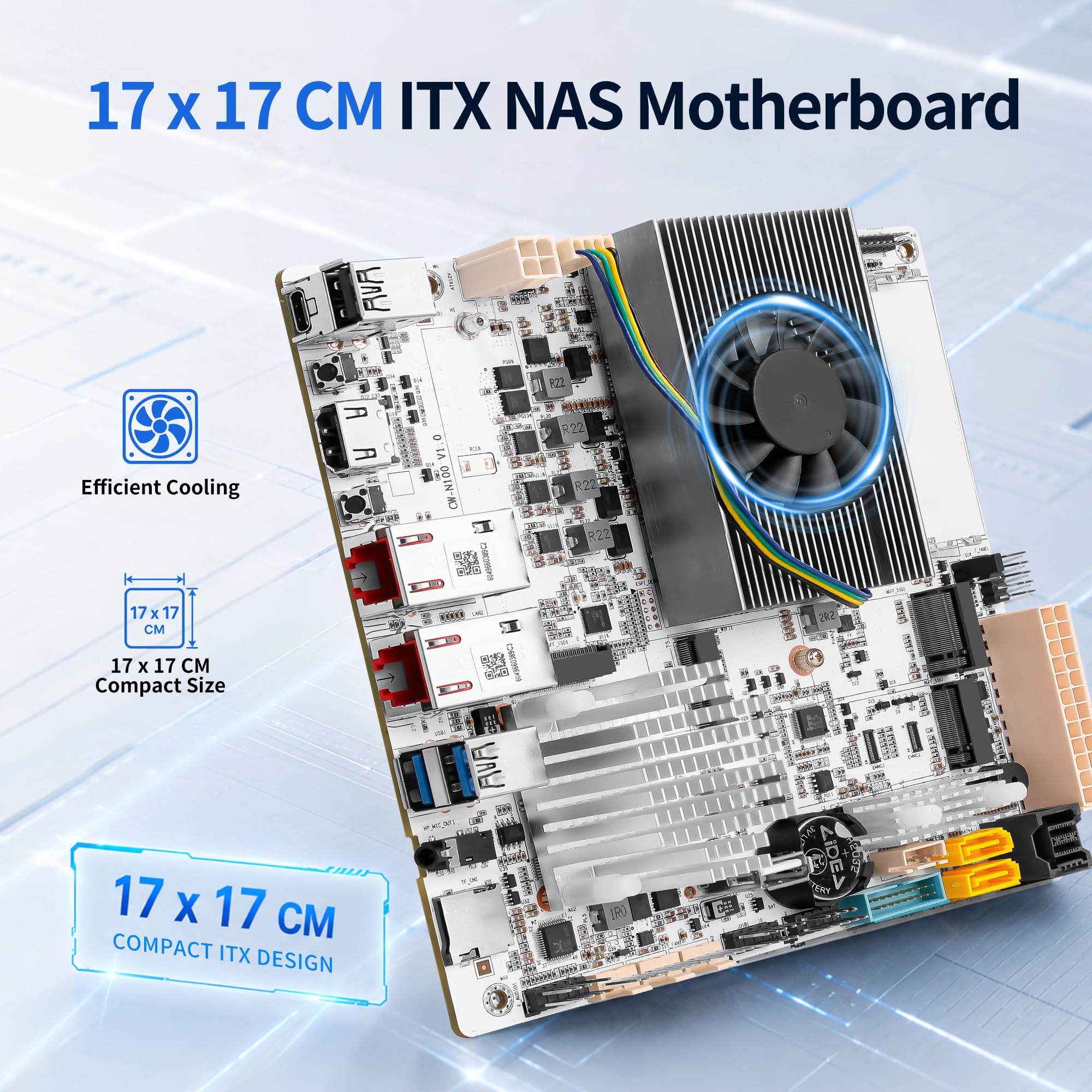 Placa base Mini ITX NAS de 6 bahías con CPU N150, DDR5 SODIMM, 3 ranuras NVMe, 2 x LAN RJ45 X550-AT2 de 10GbE, 17 x 17 cm, placa base para PC de servidor doméstico, 2USB3.0, USB-C, GPIO