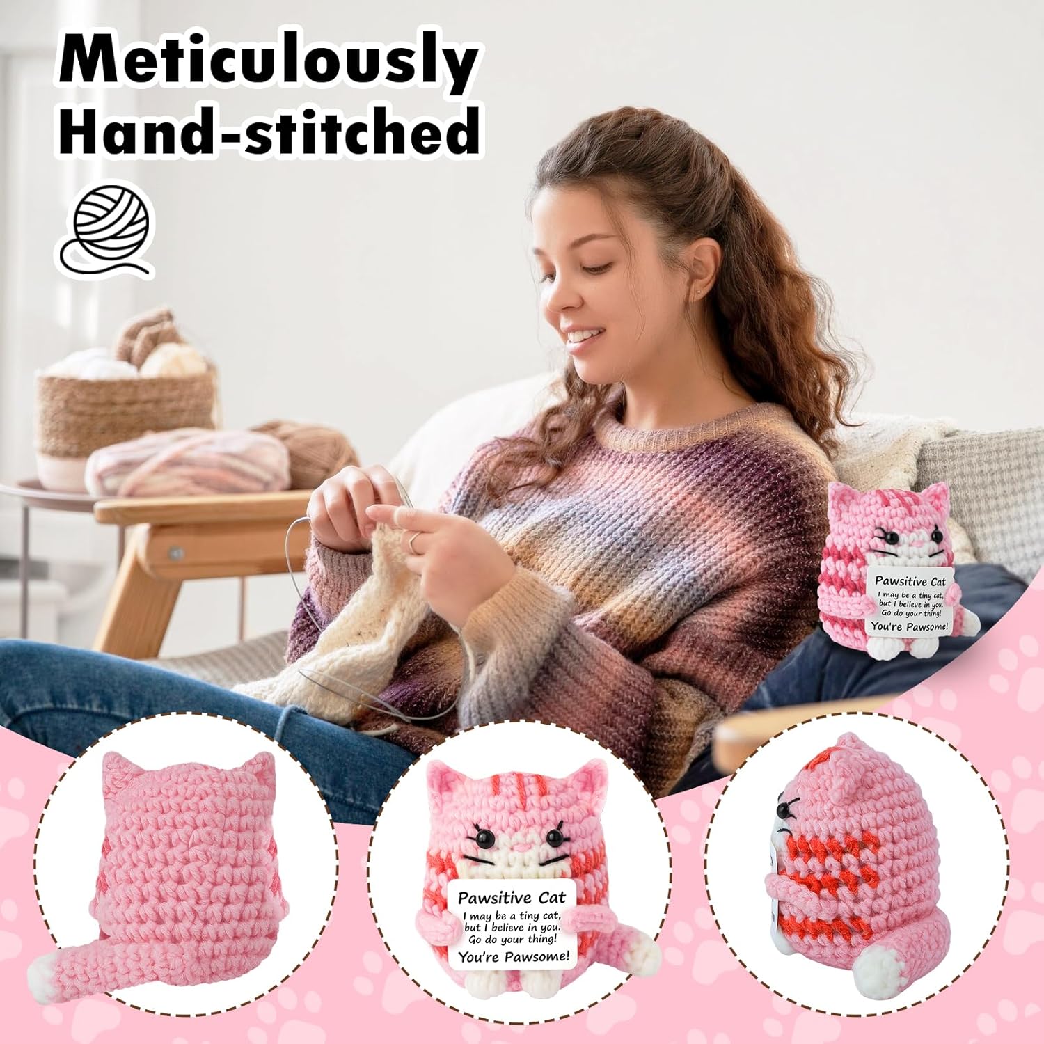 Positive Crochet Cat Mini Animal Emotional Cheer Up Support Gifts, Inspirational Crochet Handmade Kitten for Women Men Friends Mom Daughter Son Teen Birthday Mothers Day Decor Graduation Gift (Pink)