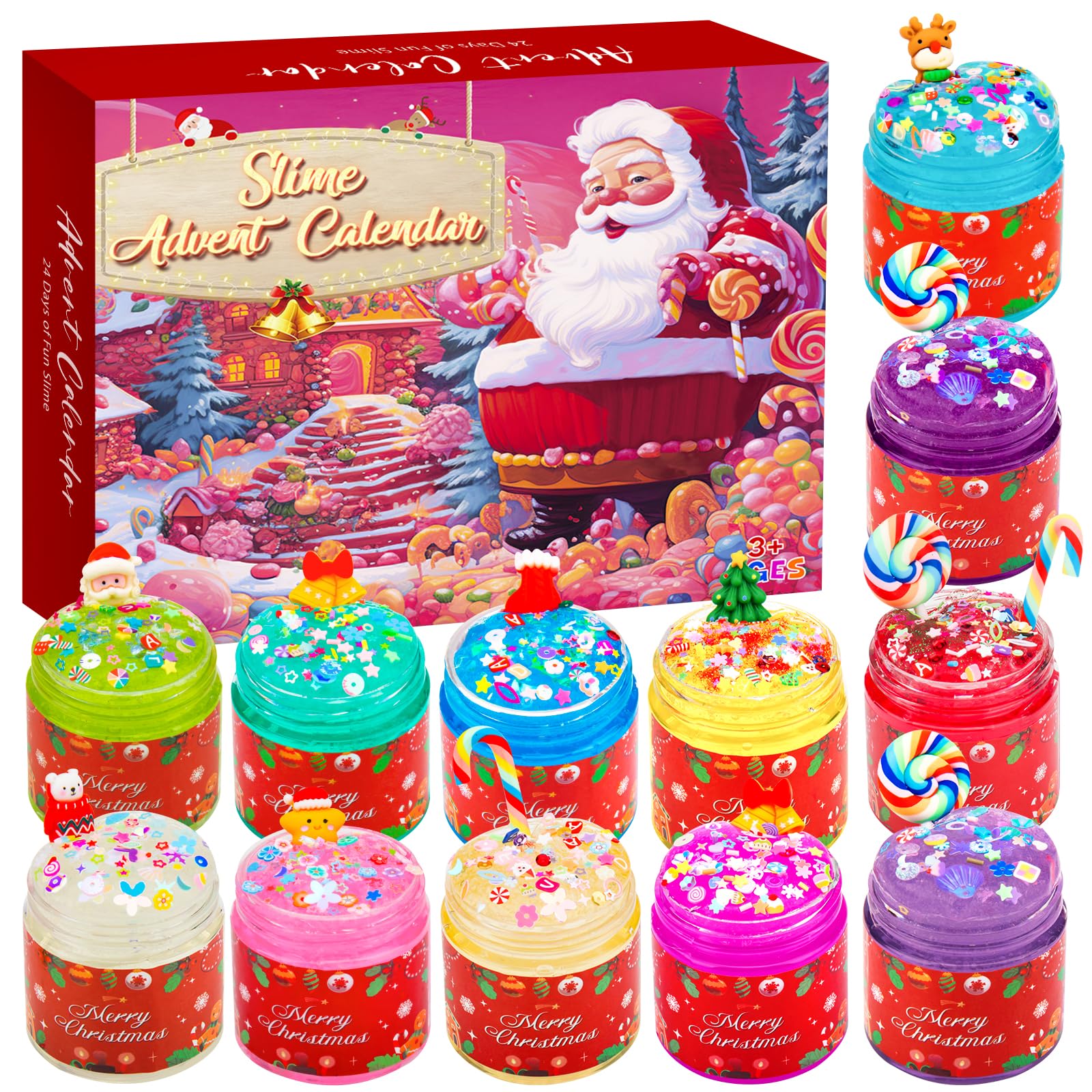 DREACAREFT Slime Advent Calendar 2024 Girls, 24 Days of Christmas Complete Jumbo Slime Kit Countdown, Non-Sticky, Mess-Free, and Safe, DIY Slime Making Kit Toys for Kids and Boys