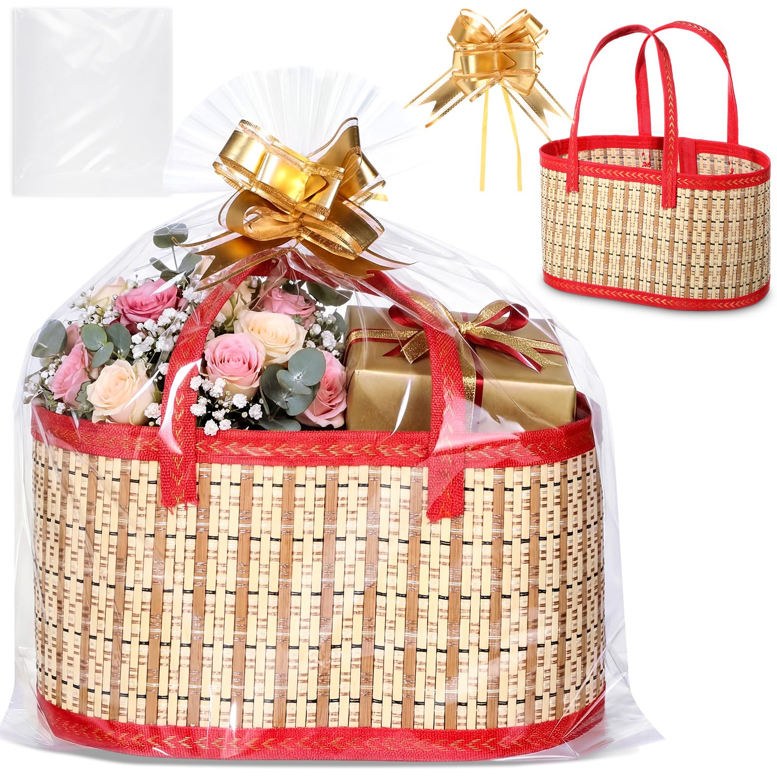 Reallnaive 1 set di cesti regalo vuoti in bambù intrecciato con sacchetti regalo trasparenti con nastro a fiori pieghevoli con manico per festa della mamma, battesimi, compleanni, feste, inaugurazione