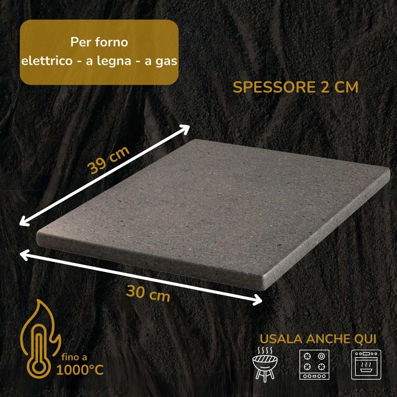 PROMO LITHOS MATERIE Kit Piastra in Pietra Lavica dell'Etna con Pala, 39 x 30 cm, spessore 2cm, levigata liscia