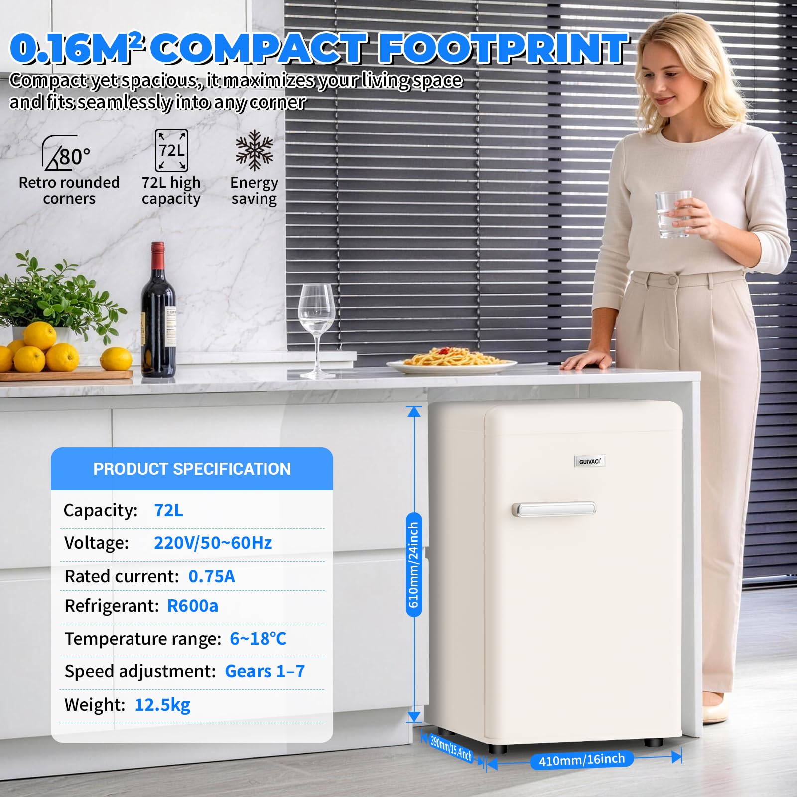 Frigorífico retro de 72 l – Silencioso (43 dB), 7 niveles de refrigeración, iluminación interior LED, para dormitorio, oficina, cocina y bar (blanco)