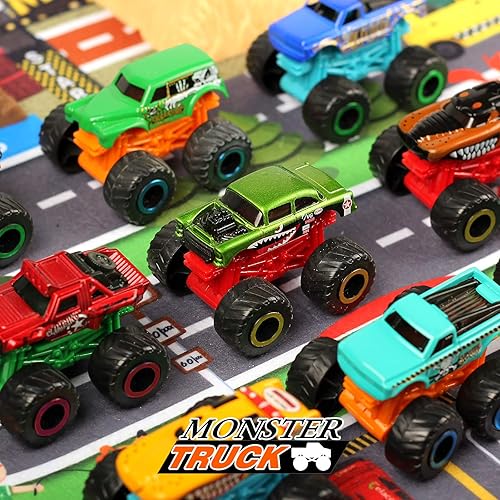 Miniatura 5 de Oriate El juego de Monster Trucks para niños incluye 6 paquetes de camiones de juguete de monstruo fundido a presión del caos con tapete de juego de