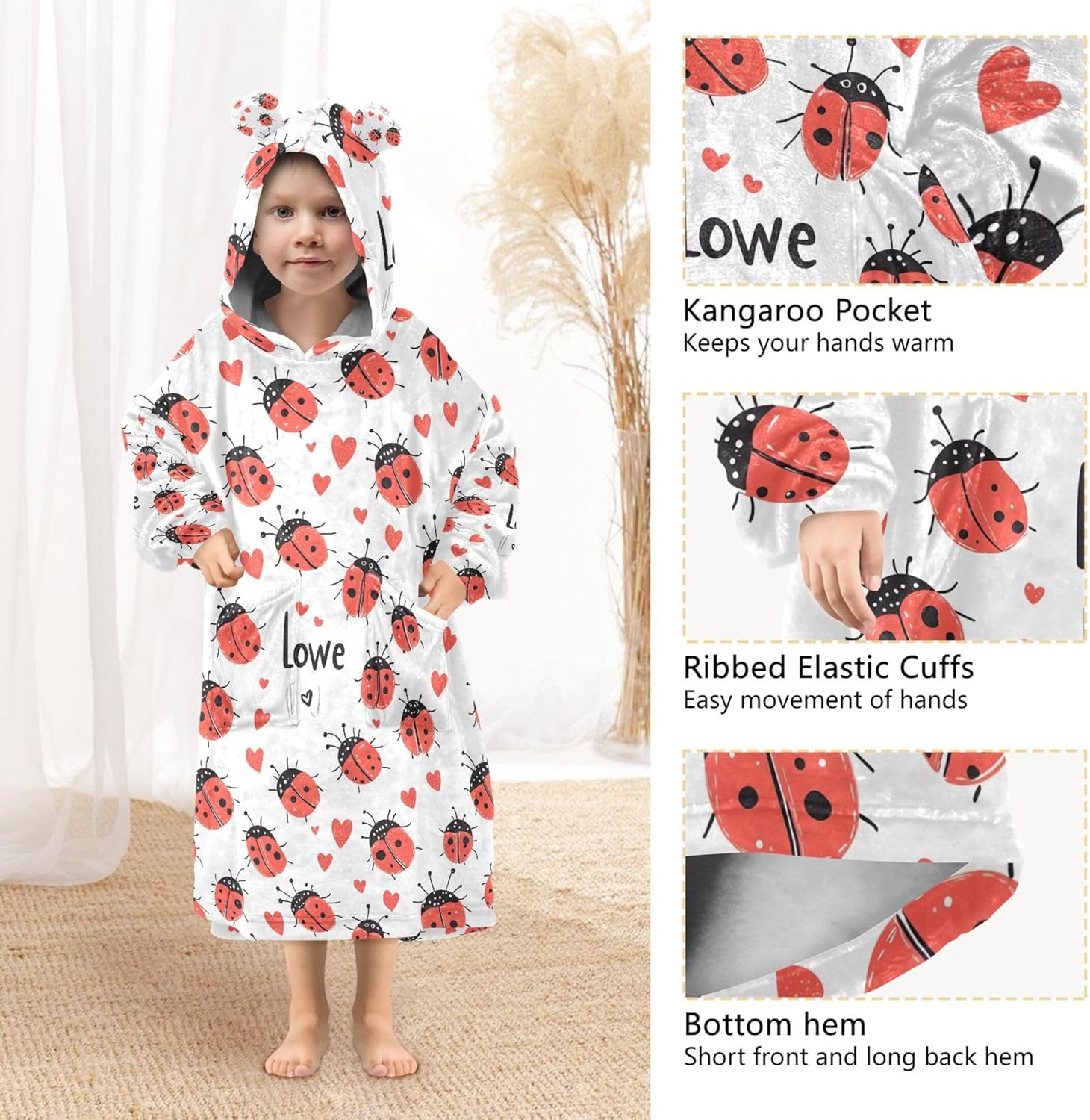 Ladybug Kids Wearable Blanket Hoodie with Pocket and Sleeves for Toddlers, Cute Hoodies 3-14 Year Girls Boys B0403596
