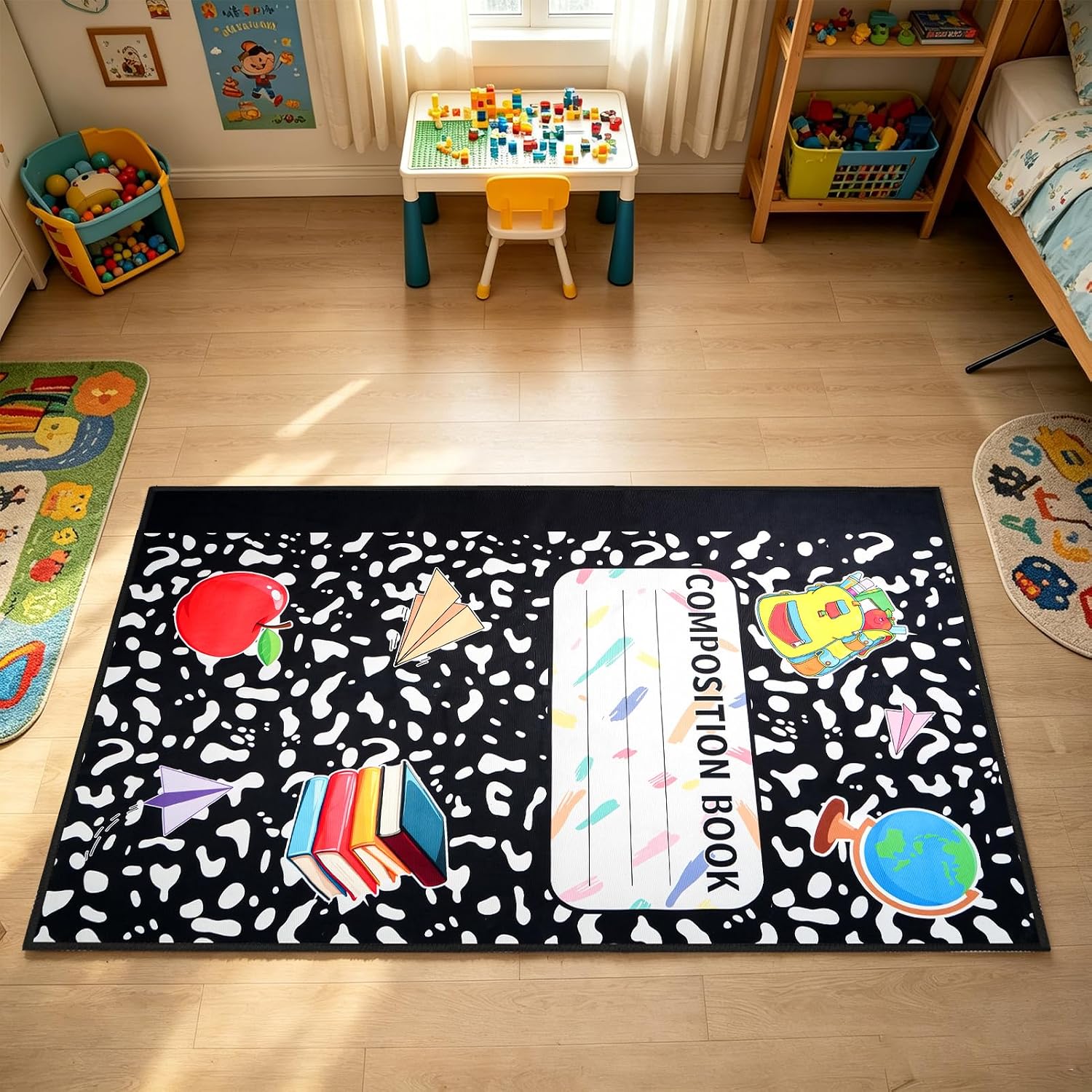5 x 7.6 ft Large Classroom Rug Composition Notebook Carpets Soft Fluffy Pastel Play Carpet Educational Area Rug Back to School Non-Slip Learning Floor Mat Washable for Nursery Playroom Reading Corner