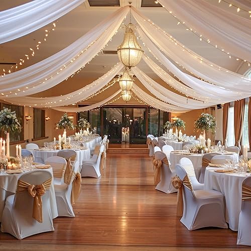 White Ceiling Drapes with Lights String for Weddings, 6 Panels