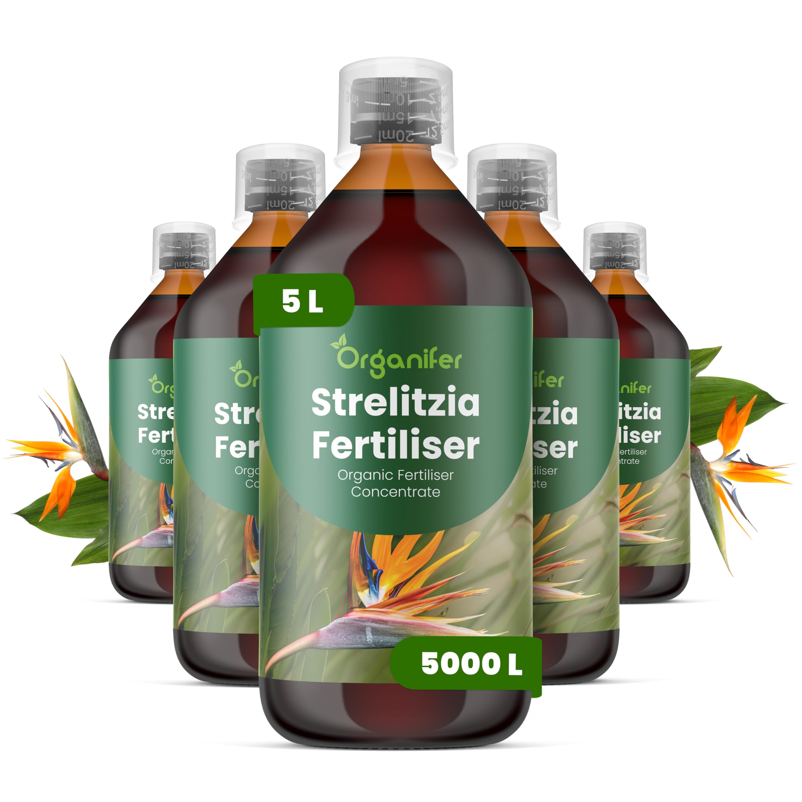 Fertilizante Líquido Para Strelitzia - 5x1L - NPK 2-1-8 | Abono Para Hojas Saludables Y Crecimiento Fuerte - Refuerza Raíces Y Vitalidad - Organifer