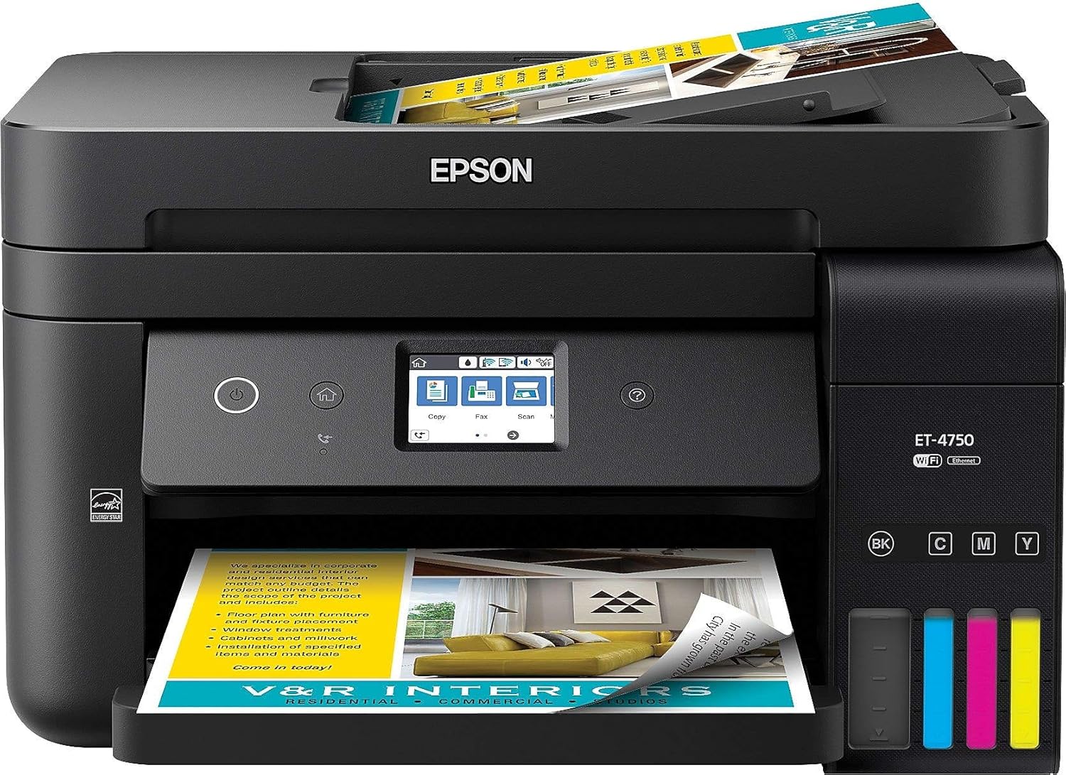 Davanti view of the Epson ET-4750 printer with paper loaded in the input tray and ink tanks visible on the side.
