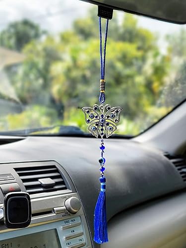 Miniatura 7 de LUCKBOOSTIUM Dijes de mariposa con diseño de ojo turco central en piedra de cristal azul con borlas para buena suerte y protección para el espejo