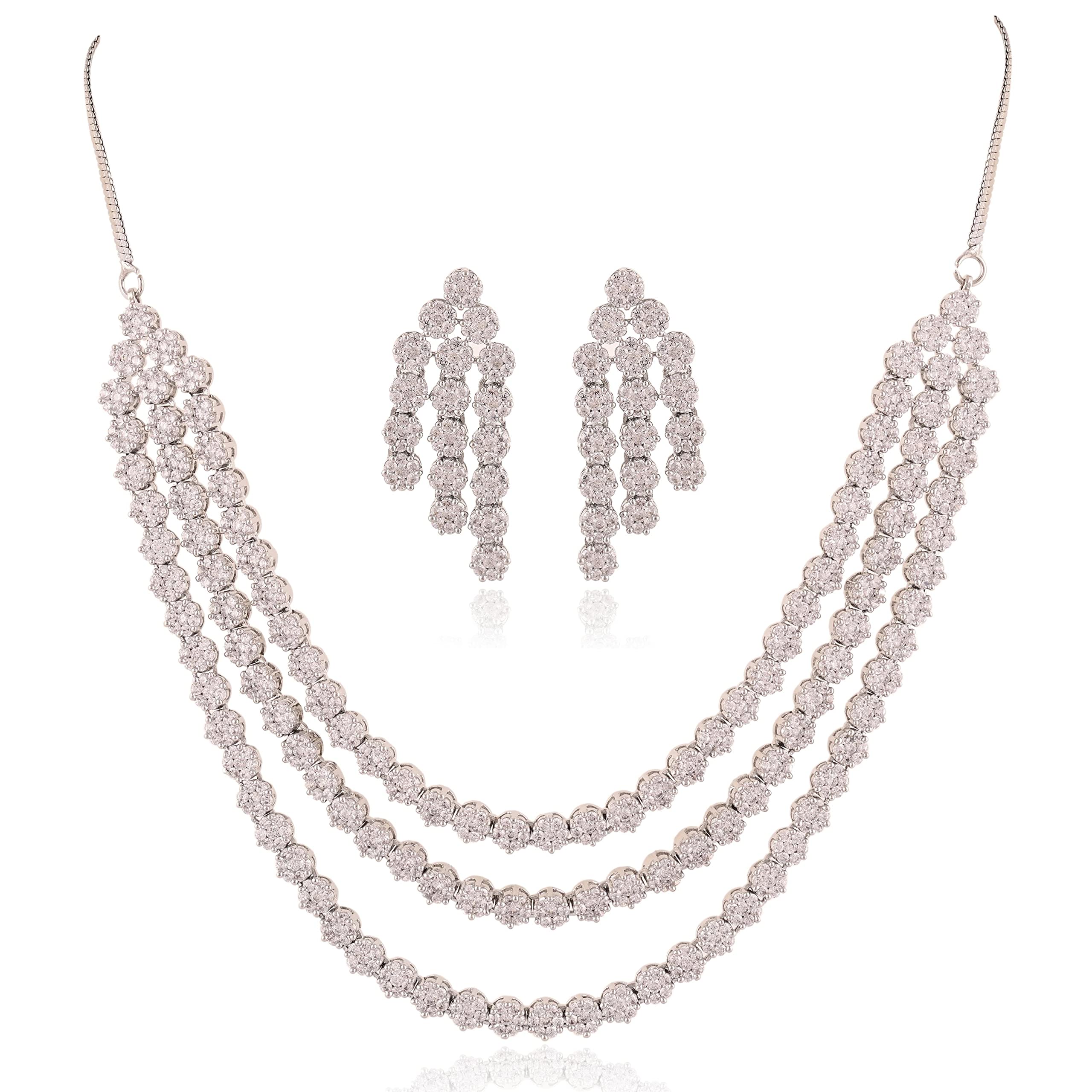 Ratnavali Jewels American Diamond RV4162 - Set di collana tradizionale a tre strati con orecchini, placcata in oro rosa, per donne/ragazze