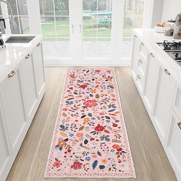 Runner Rug Runners for Hallways 2x6 Kitchen Runner Rug Non Slip Washable Runner Rugs Pink Boho Floral Carpet Runner Rugs for Kitchen Floor Hallway Entryway Laundry Room Bedroom