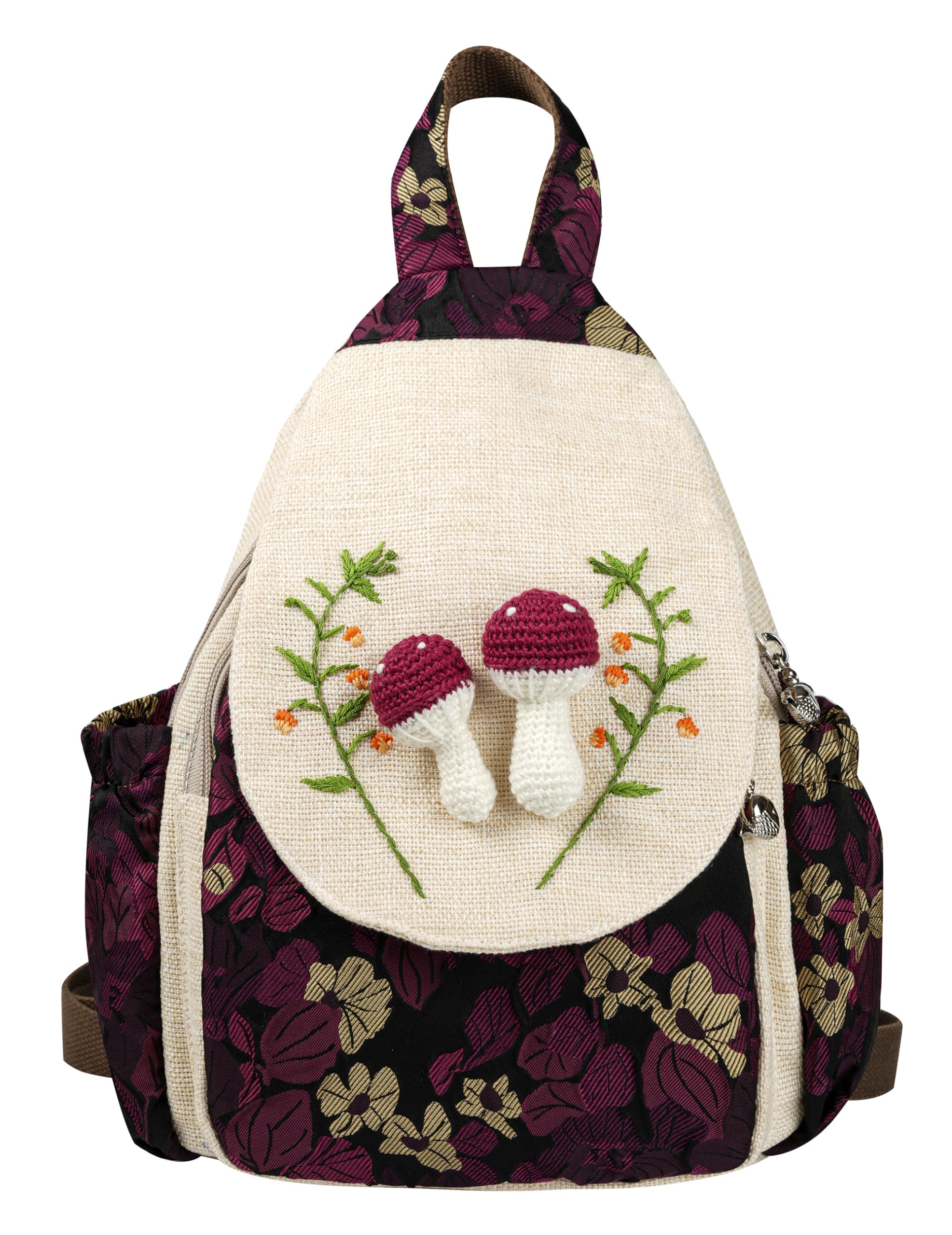 HUANGGUOSHU Bohemian Hand-Knit Mini Backpack for Women - Stylish, Functional, and Ideal for Travel, School, and Work Mushroom Backpack