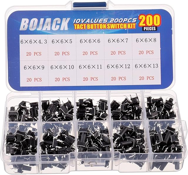 BOJACK 10 Values 200 Pcs 6x6 mm Tactile Pushbutton Switches 4 Pin Momentary Push Button Switches Assortment Kit