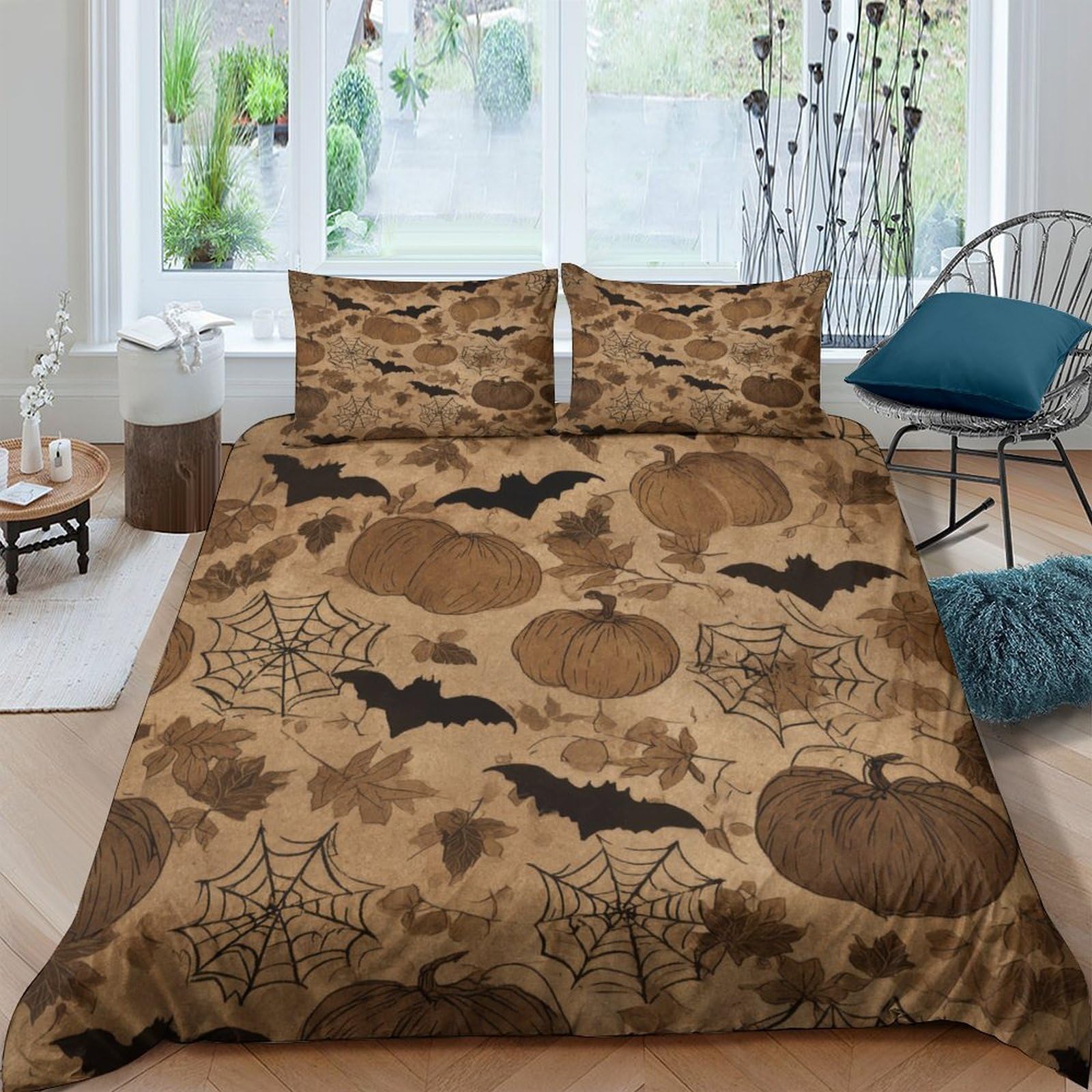 GPLZQXKJNH 3D Printed Halloween Pumpkin Bat Duvet Cover Microfiber Soft Breathable Autumn Bedding Set with 2 Pillowcases for Bedroom Decor Single（135x200cm）