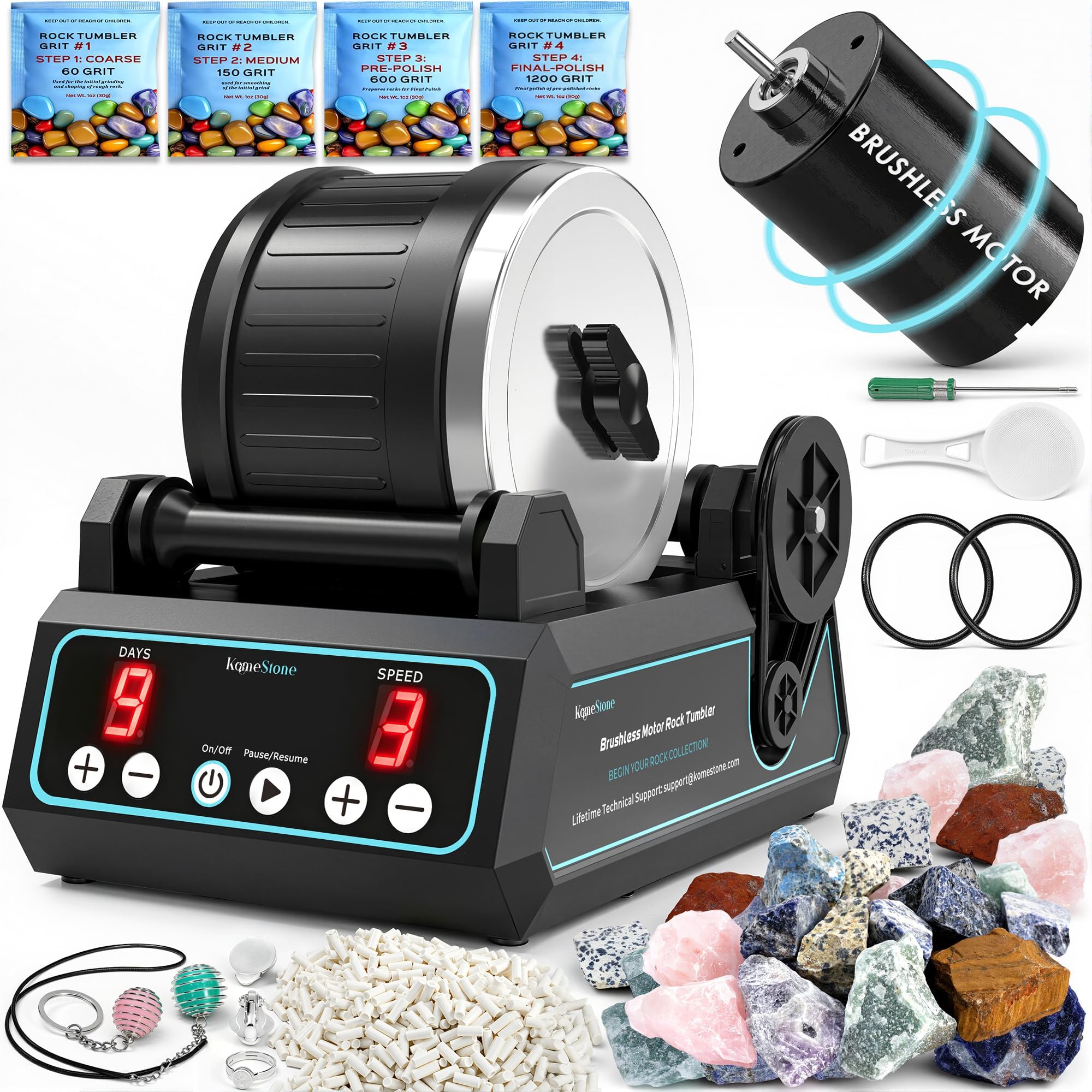 KomeStone K1 Pro Quiet Brushless Rock Tumbler Kit for Adults & Hobbyists | Reliable 2.5Lb Rotary Rock Polisher, Long-Life Motor, Thick Rubber Barrel, Memory Function, Complete Gem Polishing Kit