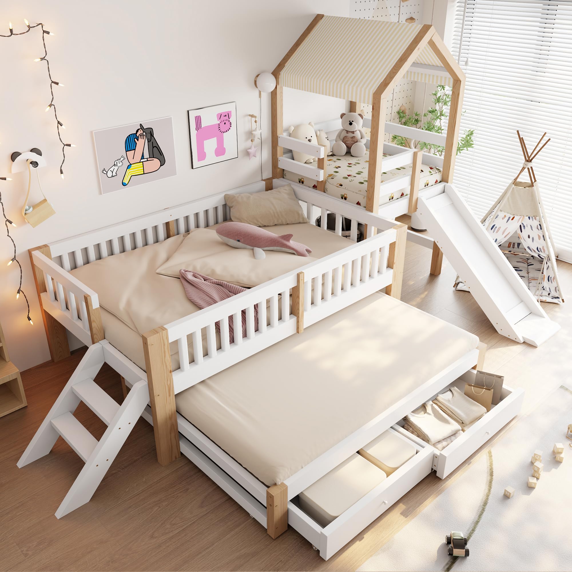 Haus-Kinderbett 90 * 200, Rutsche, Ausziehbett 90 * 190, seitliche Treppe, Schubladen, Massivholzrahmen, Stoffdach, Weiß + Rohholzfarben, Weiß+Natur(ohne Matratze)
