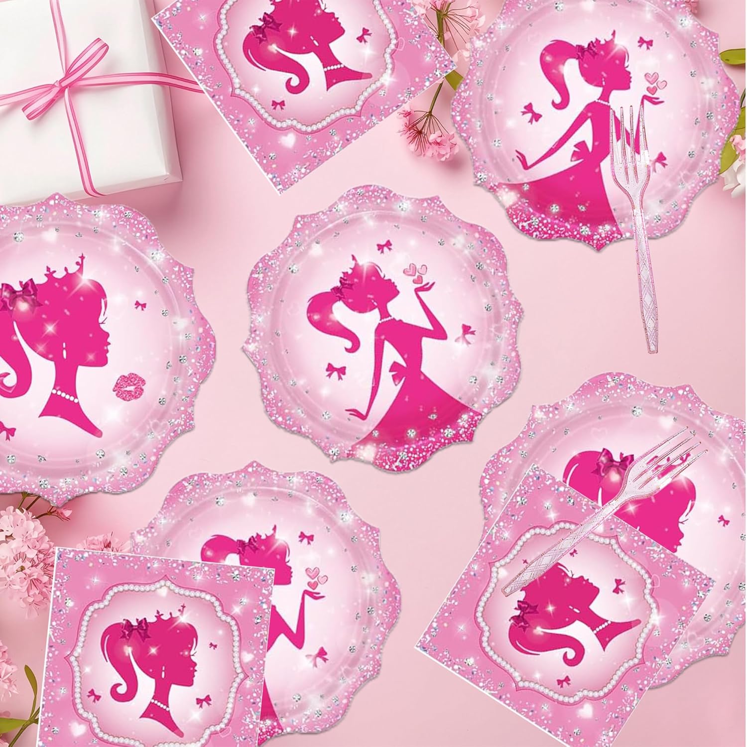 Pink Girl Babe Party Supplies Tableware Set for Kids Boys Girls Birthday Party Decorations Pink Girl Happy Birthday Themed Napkin Cups Forks Knives for 24 Guests - Image 5