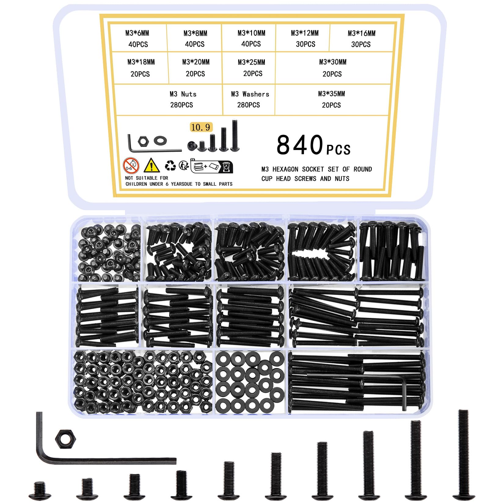 woshilaoDS 840 Pcs M3 Nuts and Bolts Set,M3 Bolts and Nuts Set, Round Head Hexagon Socket Screws Bolts and Nuts Sets, Hex Head Machine Screws Bolts and Nuts, Hex Socket Button Head Bolts and Nuts Kit