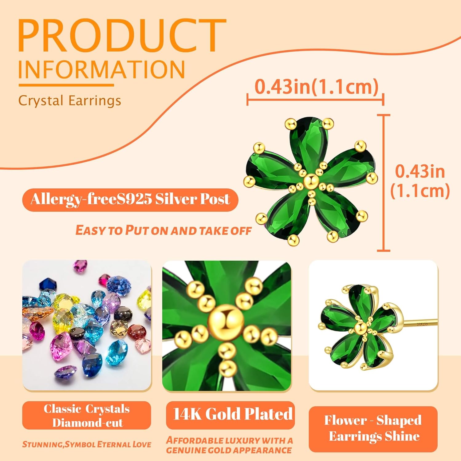 925 Sterling Silver post Crystal Flower Stud Earrings for Women Hypoallergenic 14K Gold Plated Small Cute Blossom Jewelry Dainty Gifts for Women - Image 4