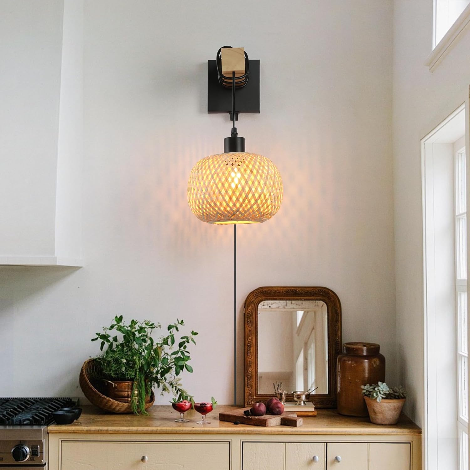 Plug in Bamboo Wood Wall Sconces, Industrial Hand-Woven Rattan Lampshade Hanging Wall Lamp with Metal Base, Farmhouse Rustic Wall Mounted Light Decor for Kitchen Island, Living Room, Bedroom