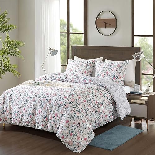 Miniatura 3 de HoneiLife Funda de edredón de algodón tamaño Queen  Funda de edredón floral de 3 piezas, suave y transpirable con cierre de cremallera y lazos en