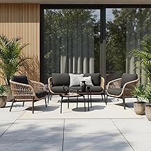 Amazon Brand - Solimo Outdoor 4 Seater Sofa Set | Balcony Sofa | Patio Furniture Sets | Conversation Sets | Braid & Rope Garden 4 Seater Sofa Set with Center Table (Tan-Black)