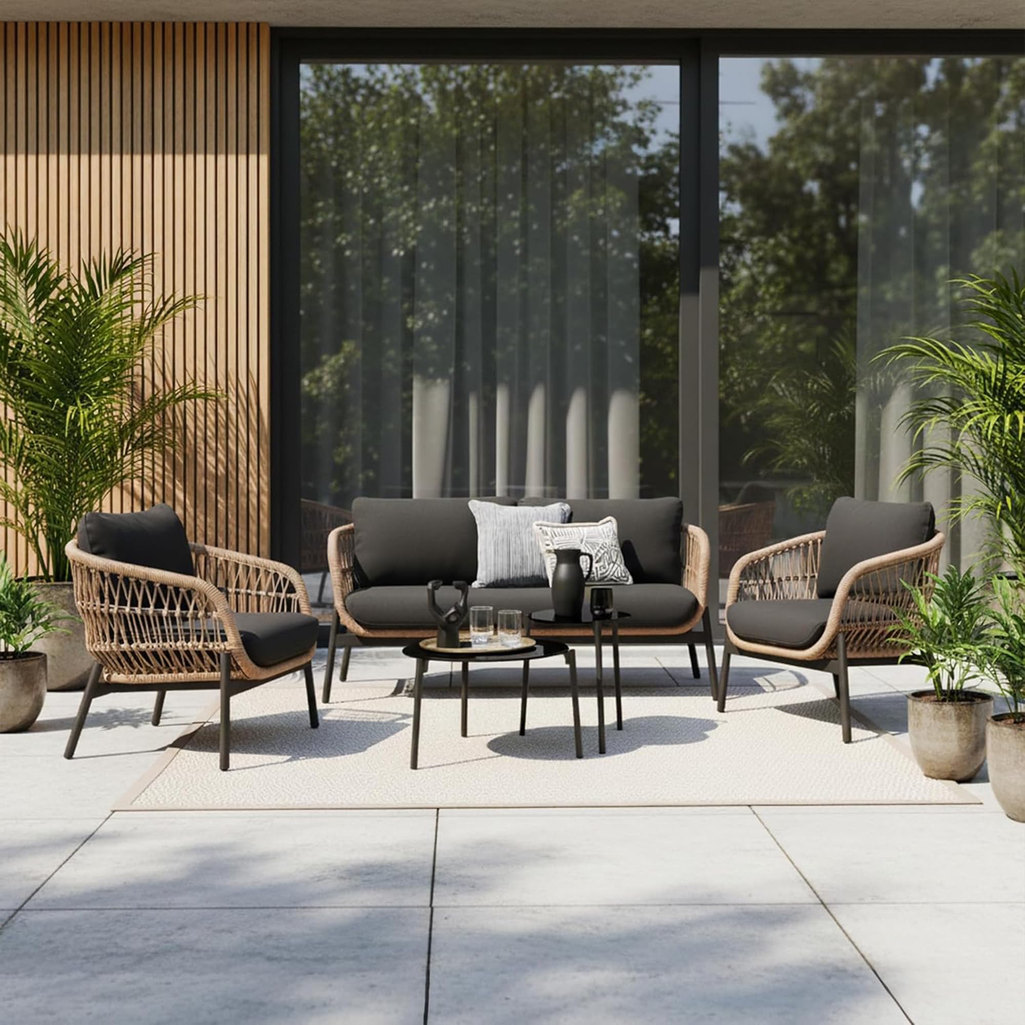 ENTWINE Outdoor 4 Seater Sofa Set | Balcony Sofa | Patio Furniture Sets | Conversation Sets | Braid & Rope Garden 4 Seater Sofa Set with Center Table (Tan/Black)-image-37