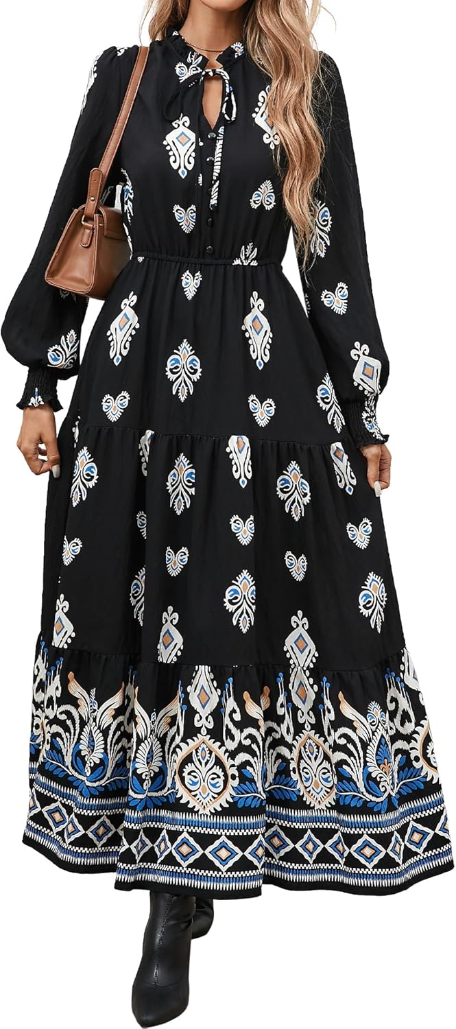 BTFBM Women's Fall Wedding Guest Dresses 2025 Casual Floral Long Sleeve V Neck Front Tie Flowy Boho Maxi Dress Pockets