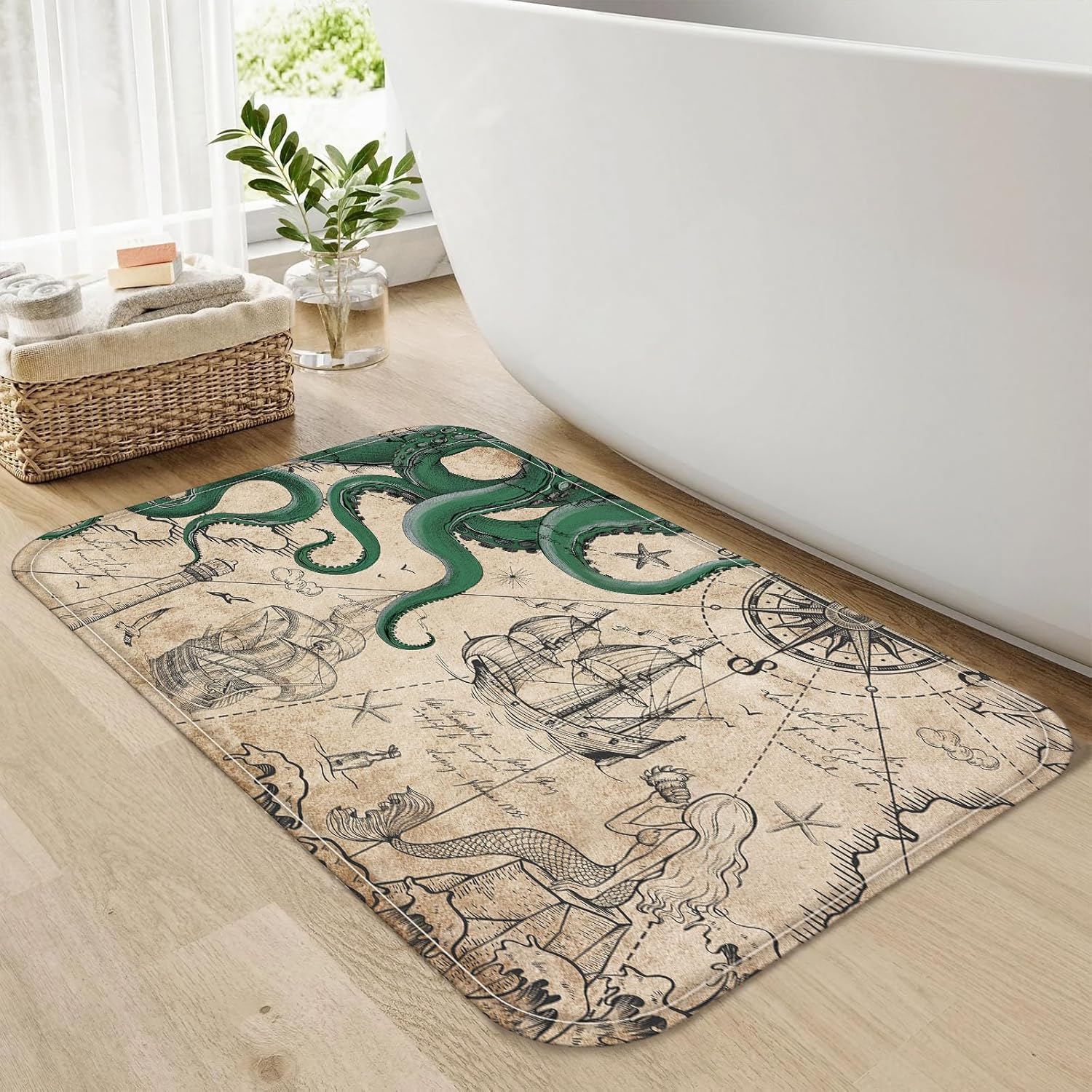 Fungarth Vintage Nautical Octopus Bathroom Rugs Mat Green Ocean Kraken Mermaid Bath Rug Water Absorbent Non Slip Shower Mat Anchor Coastal Map Memory Foam Bath Mats for Bathroom Decor 32×16In