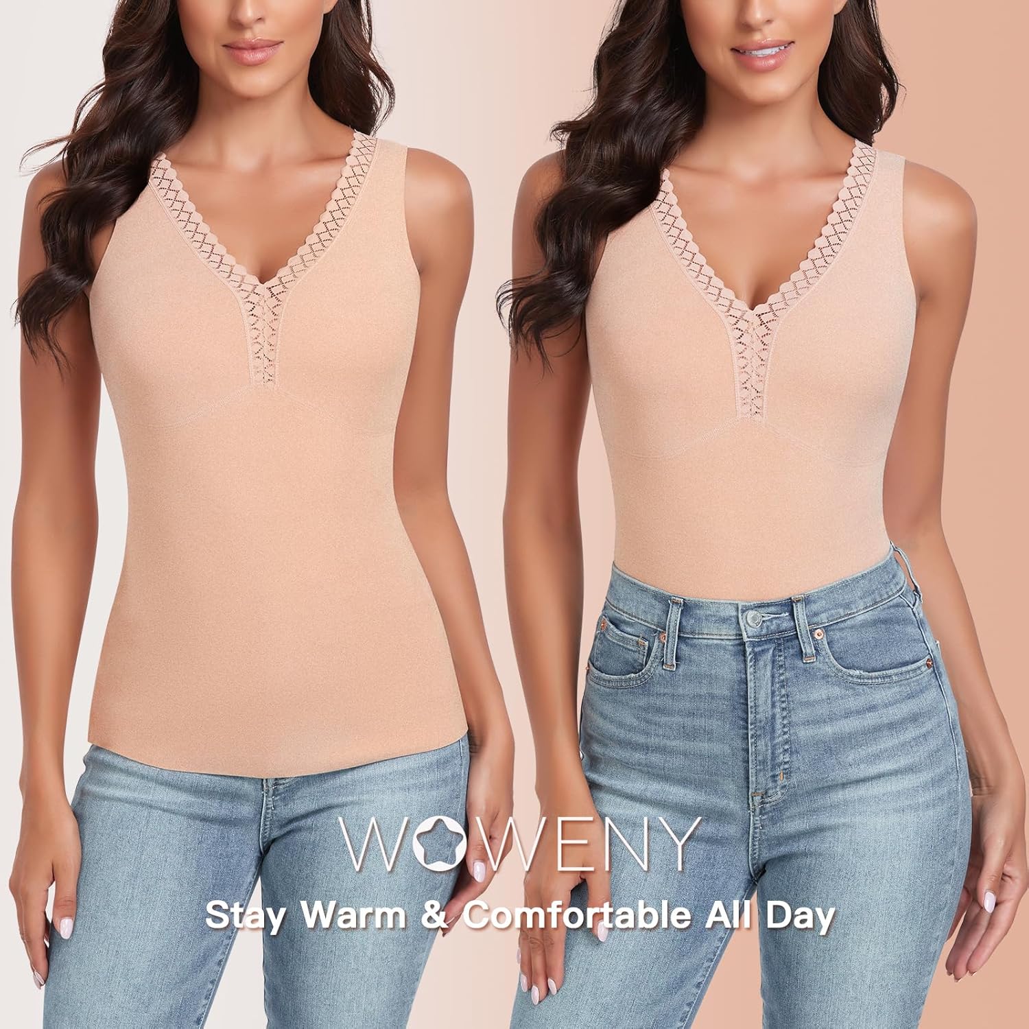WOWENY Sleeveless Thermal Fleece Tank Top for Women V Neck Lace Camisole Warm Base Layer Cami Vest Underwear Tops - Image 2