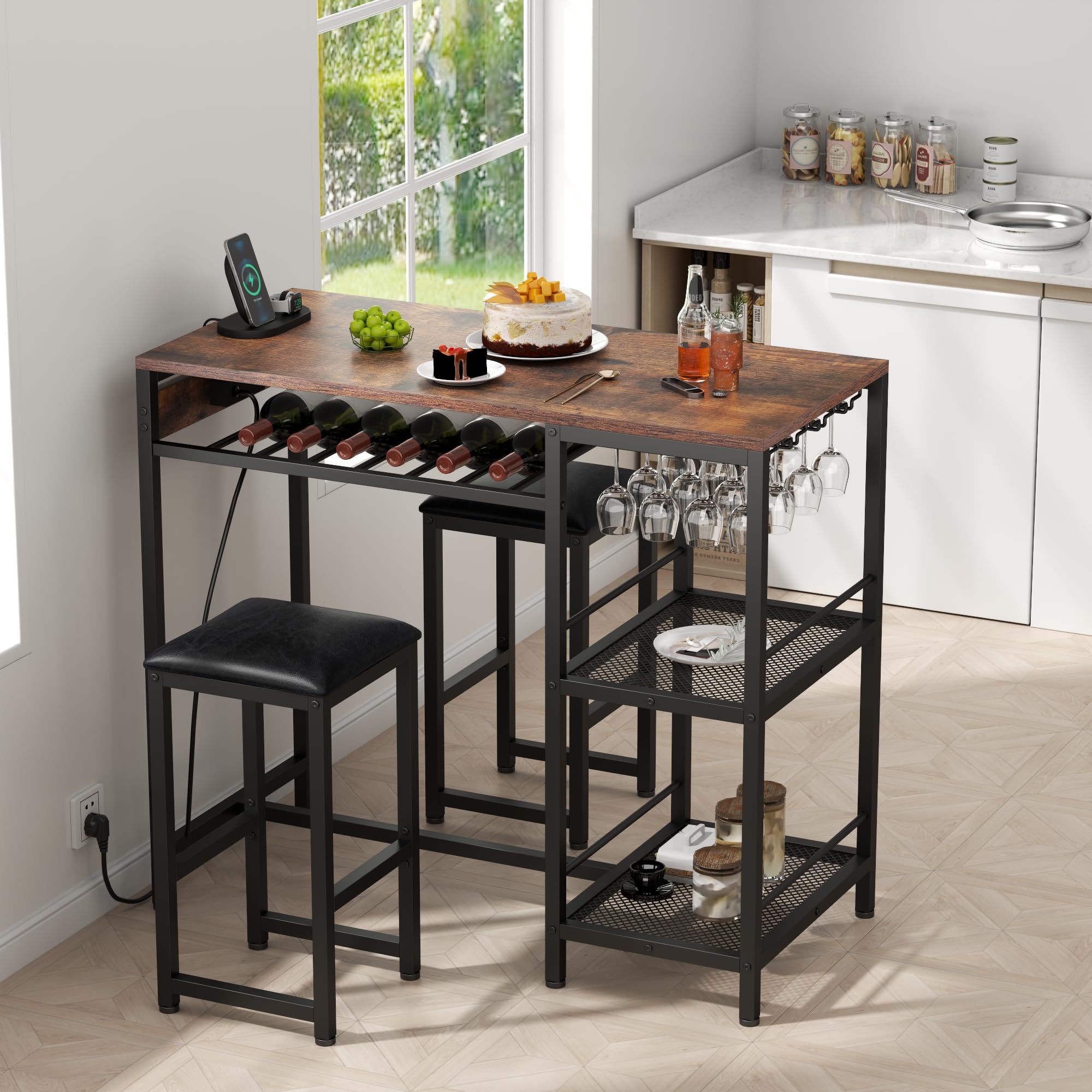 Gyfimoie Bartisch mit Barhocker Set, Stehtisch mit 2 Barhockern und Ladestation, Esstisch Set mit 2 Seitenregalen, Stahlgestell, Industrie-Design, Küchentisch für Esszimmer, Küche, Wohnzimmer