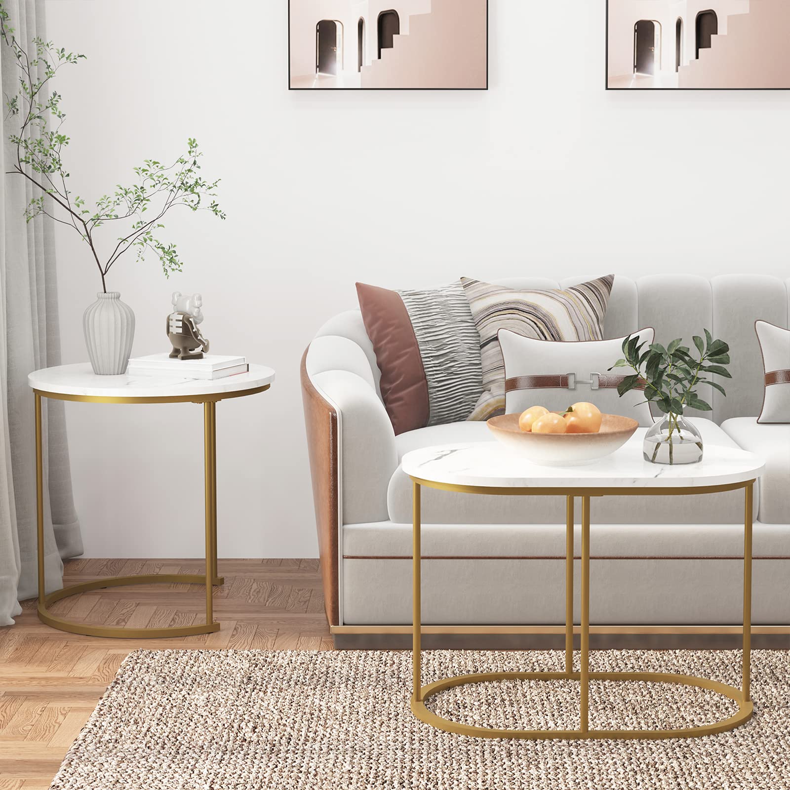soges Lot de 2 Tables Basse Gigogne Ronde Petite Table d’Appoint Bout de Canapé Table de Chevet pour Salon Entrée Chambre à Coucher, Blanc